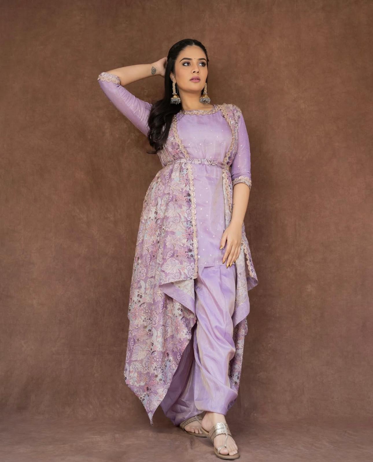 Lilac Tissue Kurta Sequin Lace Embroidered Cape Tissue Dhoti