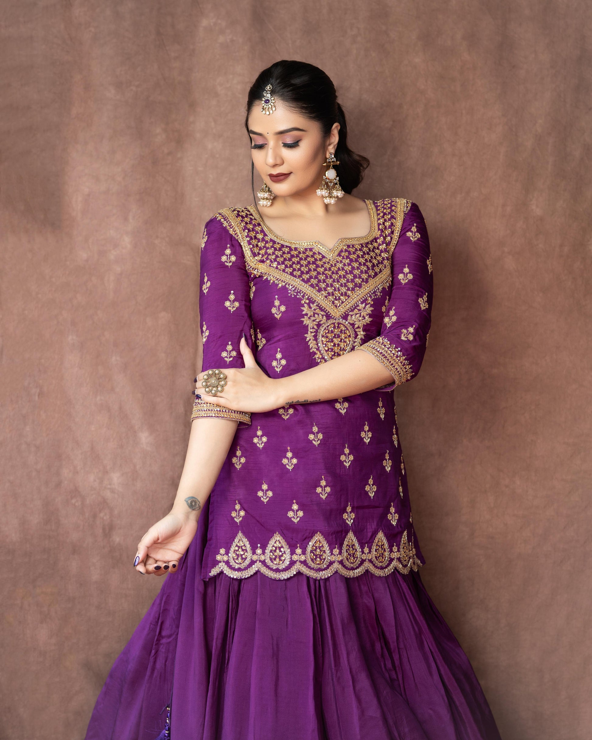 Purple Silk Crepe Kurta Lehenga Cutdana Bead Sequin Embellishments