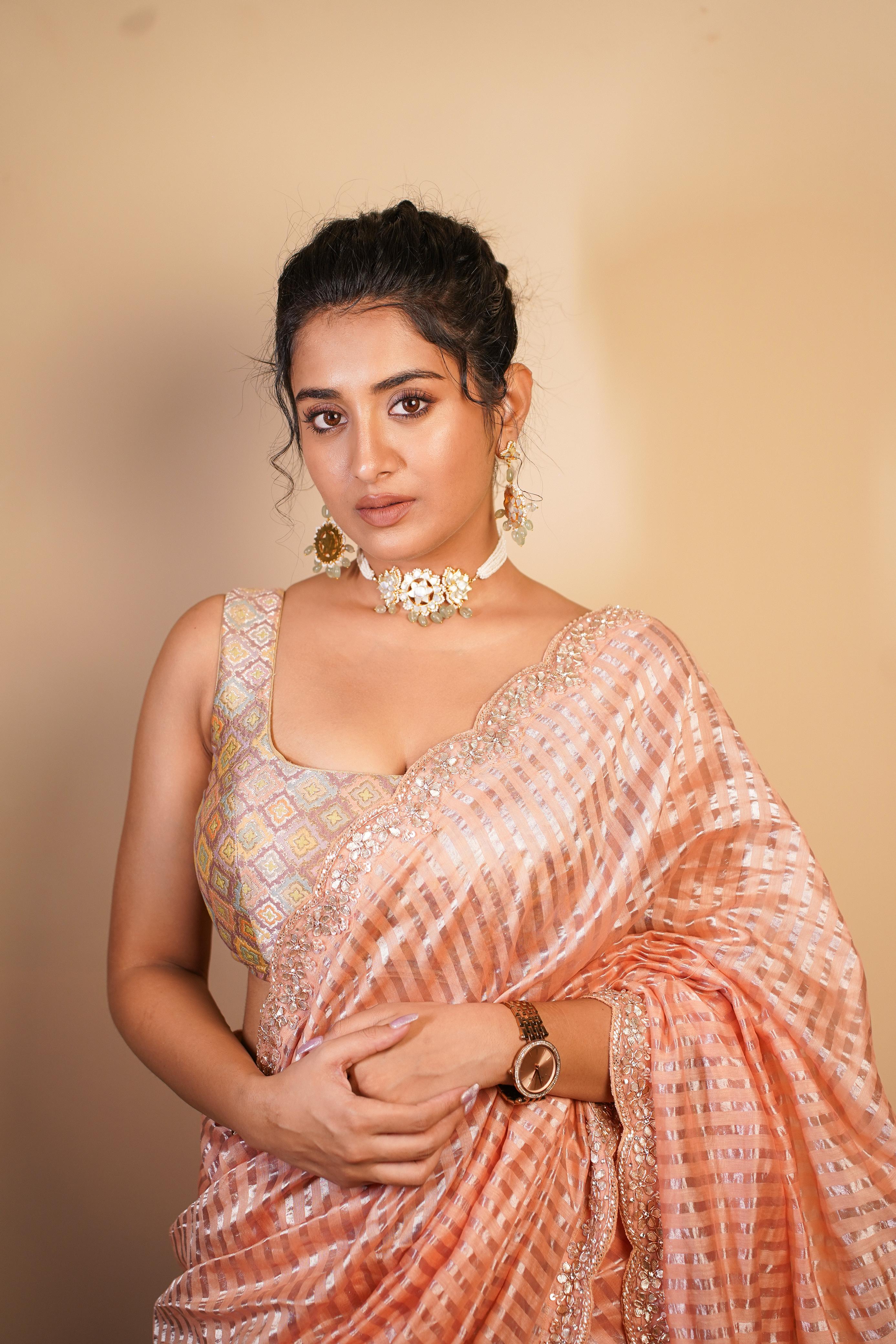 Peach Orange Chanderi Saree Zari Lines Floral Pita Cutdana Sequins