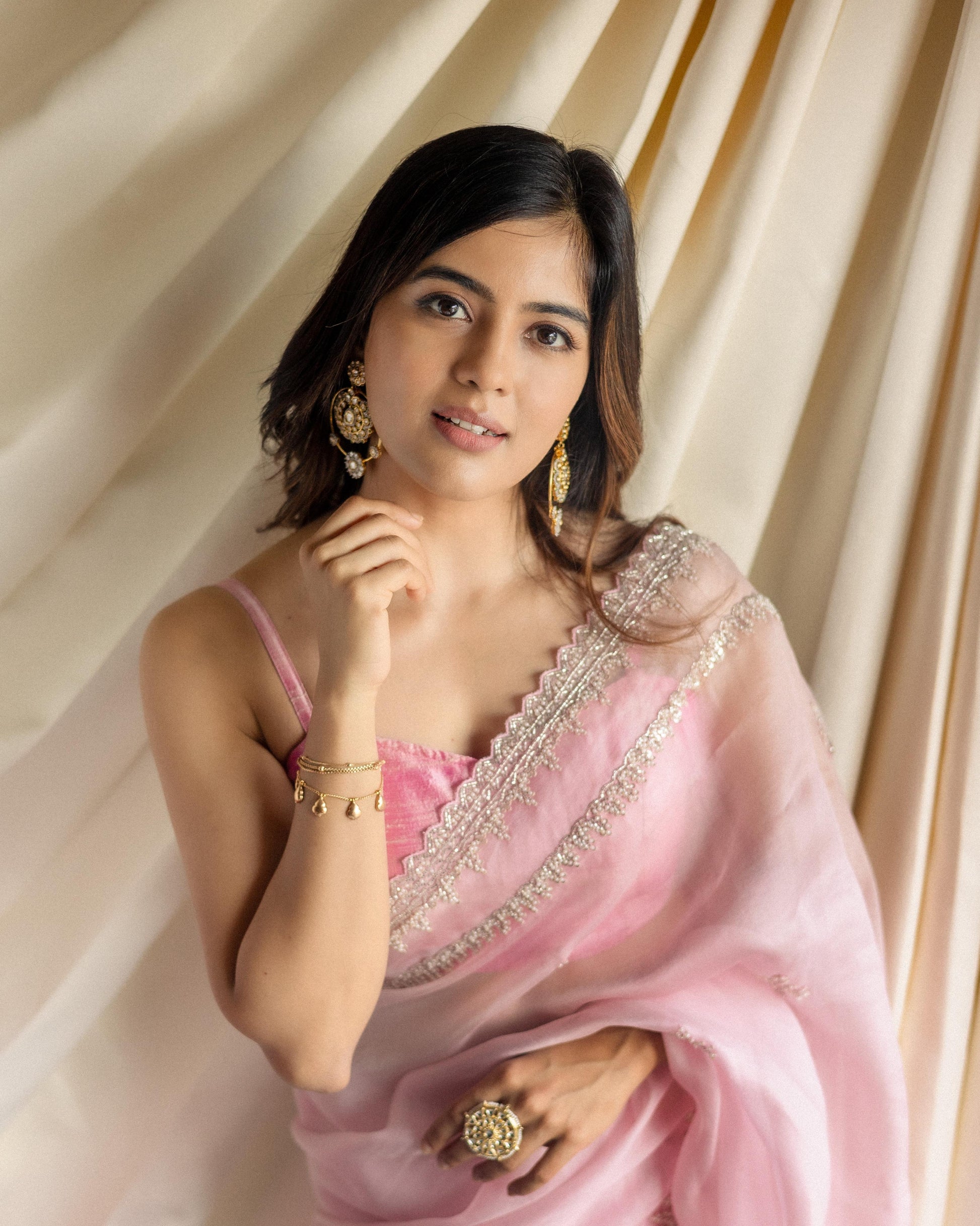 Powder Pink Organza Saree Hand-Embroidered Cutdana Pearl Work