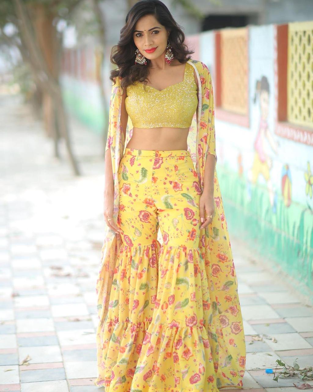 Yellow Chiffon Georgette Floral Cape Gharara Sequins Mirror Work