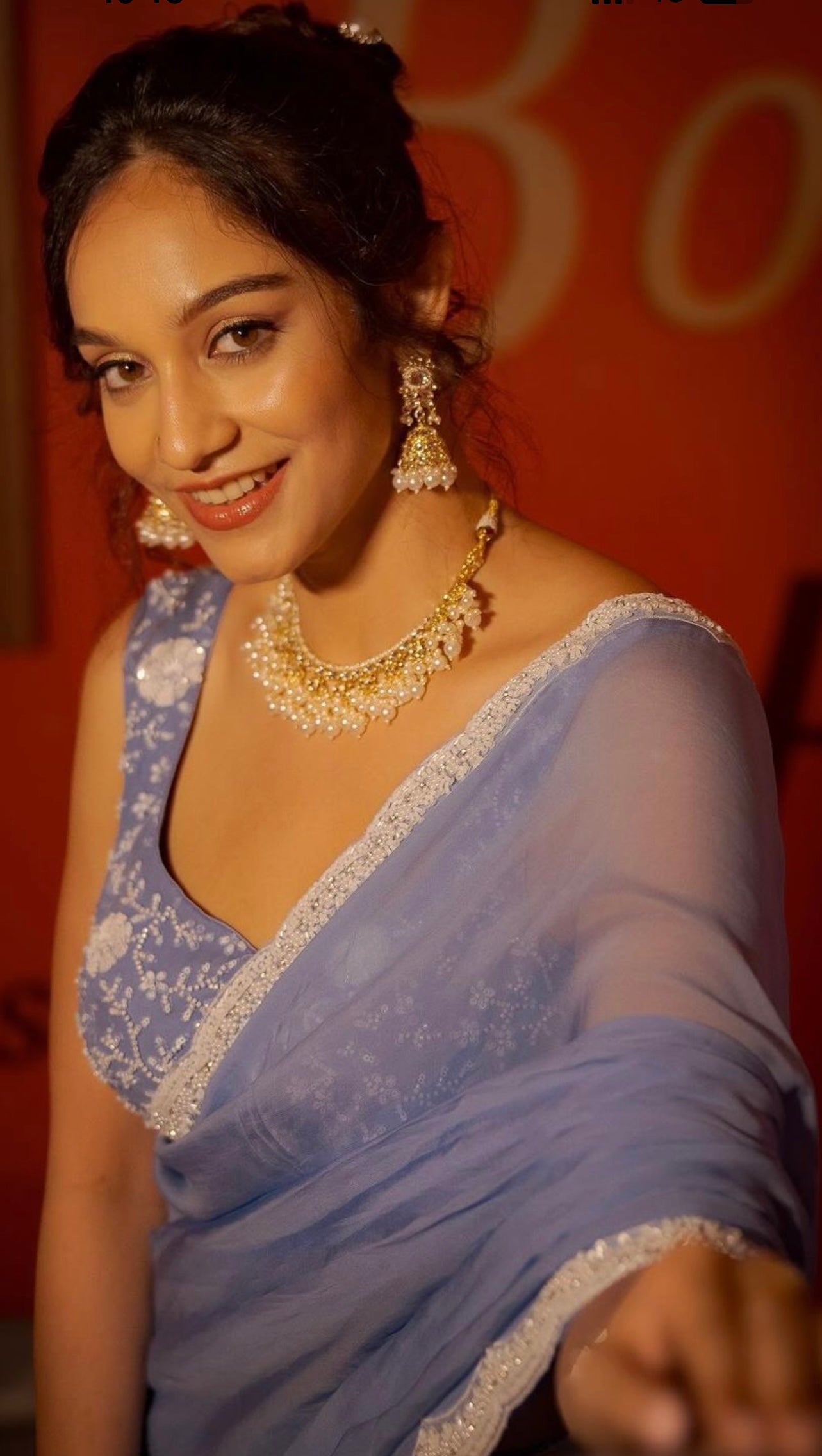 Glaucous Blue Organza Saree Pearl Work Border Matching Blouse