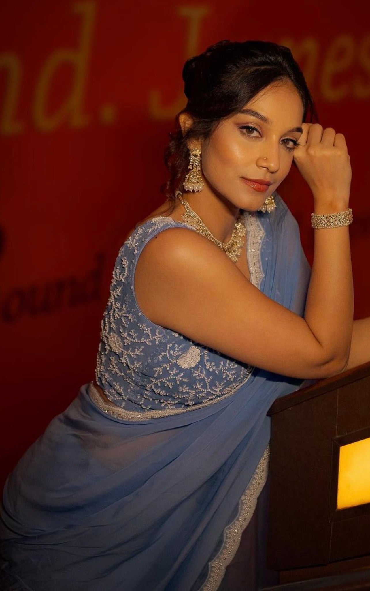 Glaucous Blue Organza Saree Pearl Work Border Matching Blouse