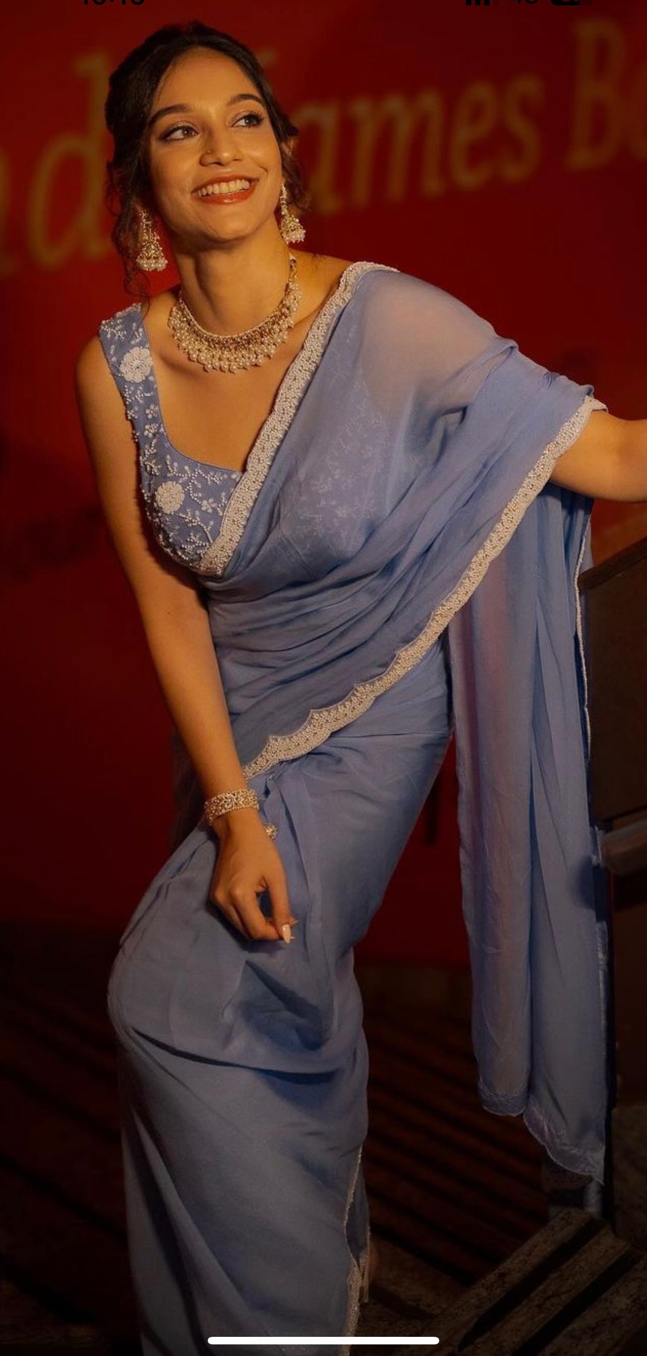 Glaucous Blue Organza Saree Pearl Work Border Matching Blouse