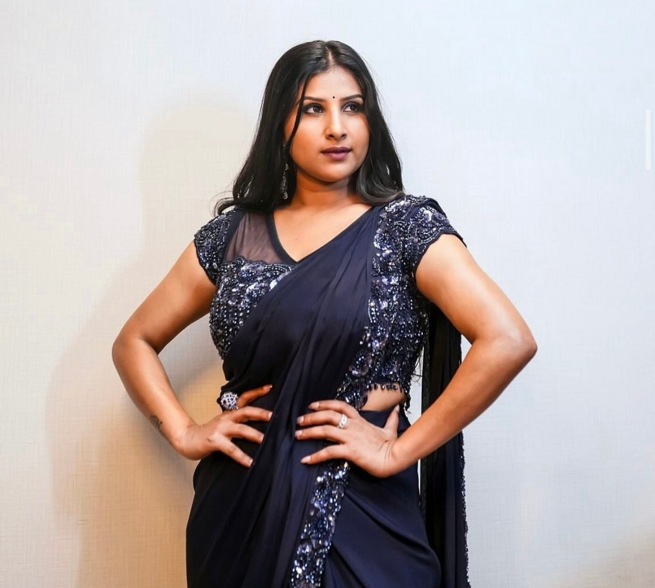 Dark Navy Blue Chiffon Drape Saree Sequin Border Sheer Sleeves