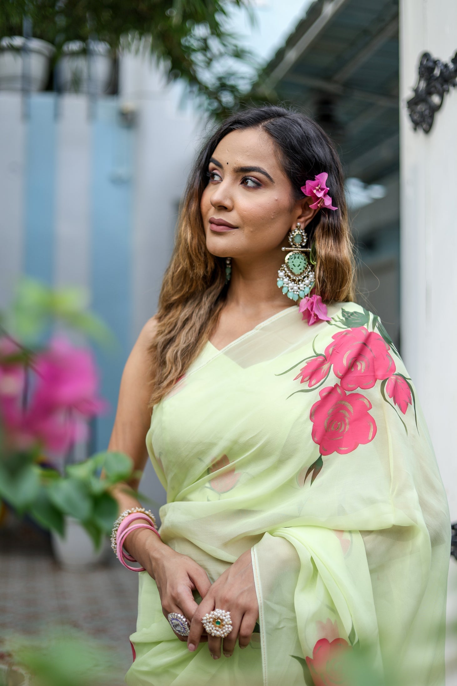 Delicate Green Silk Organza Handpainted Saree Floral
