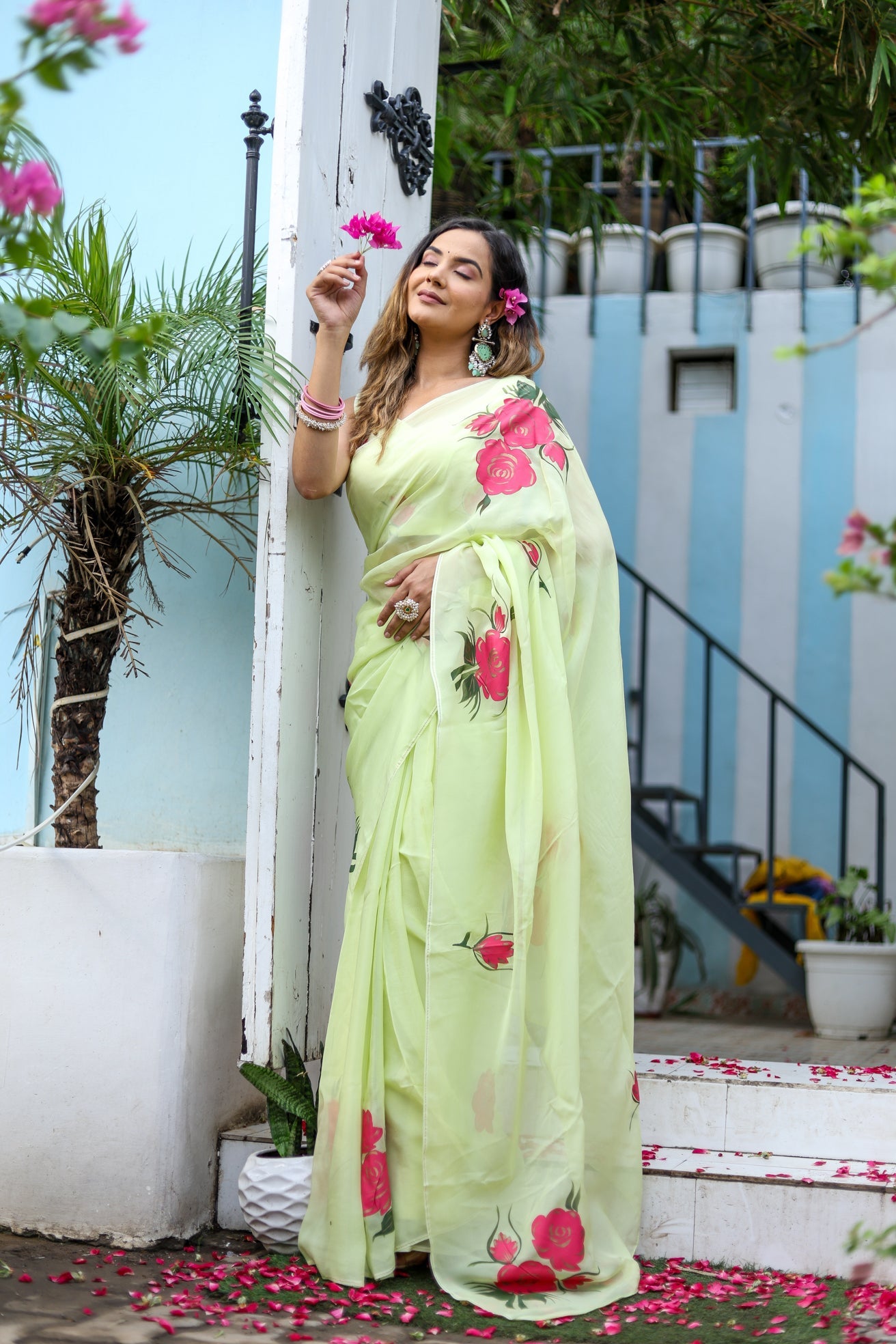 Delicate Green Silk Organza Handpainted Saree Floral