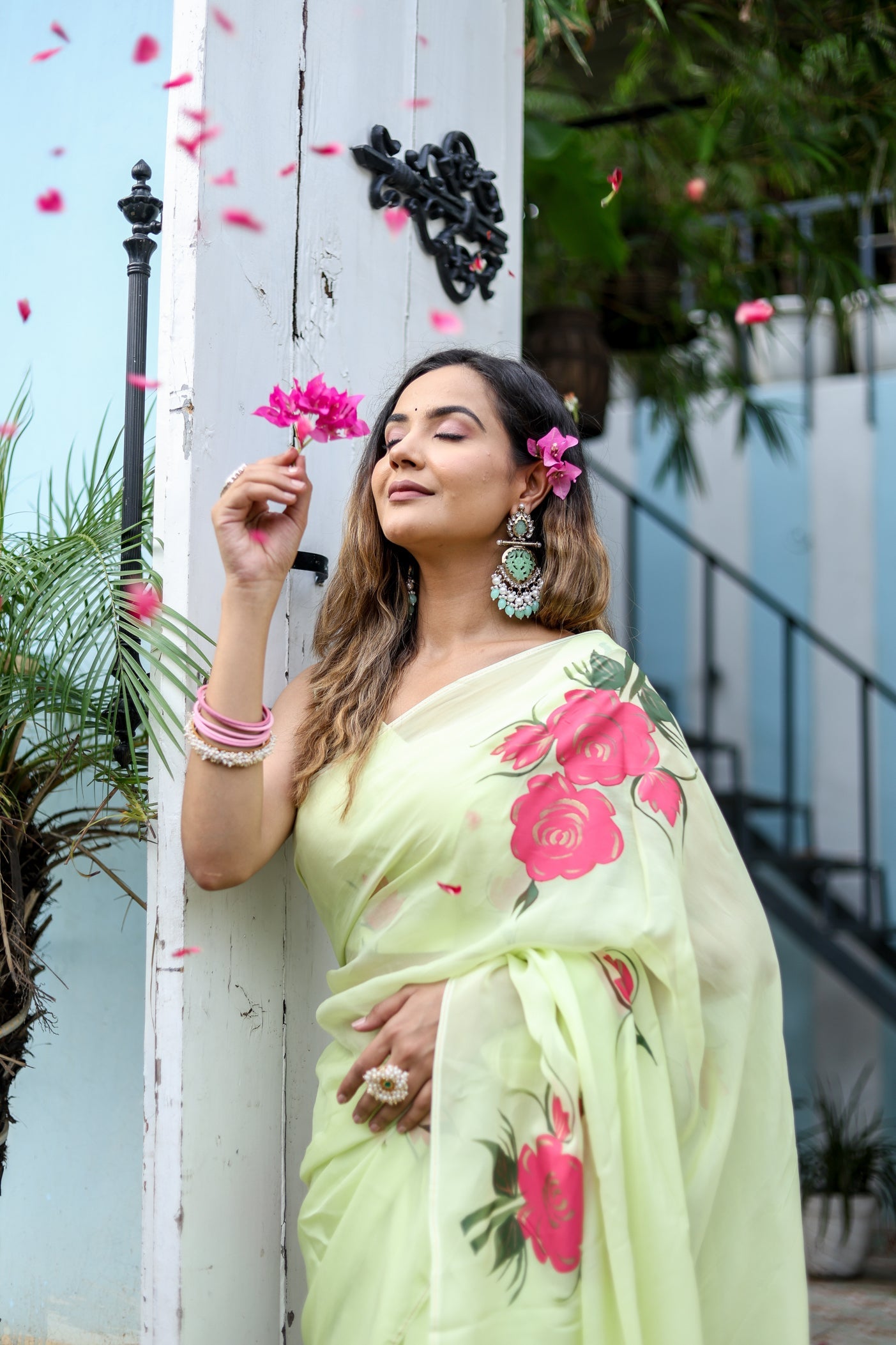 Delicate Green Silk Organza Handpainted Saree Floral