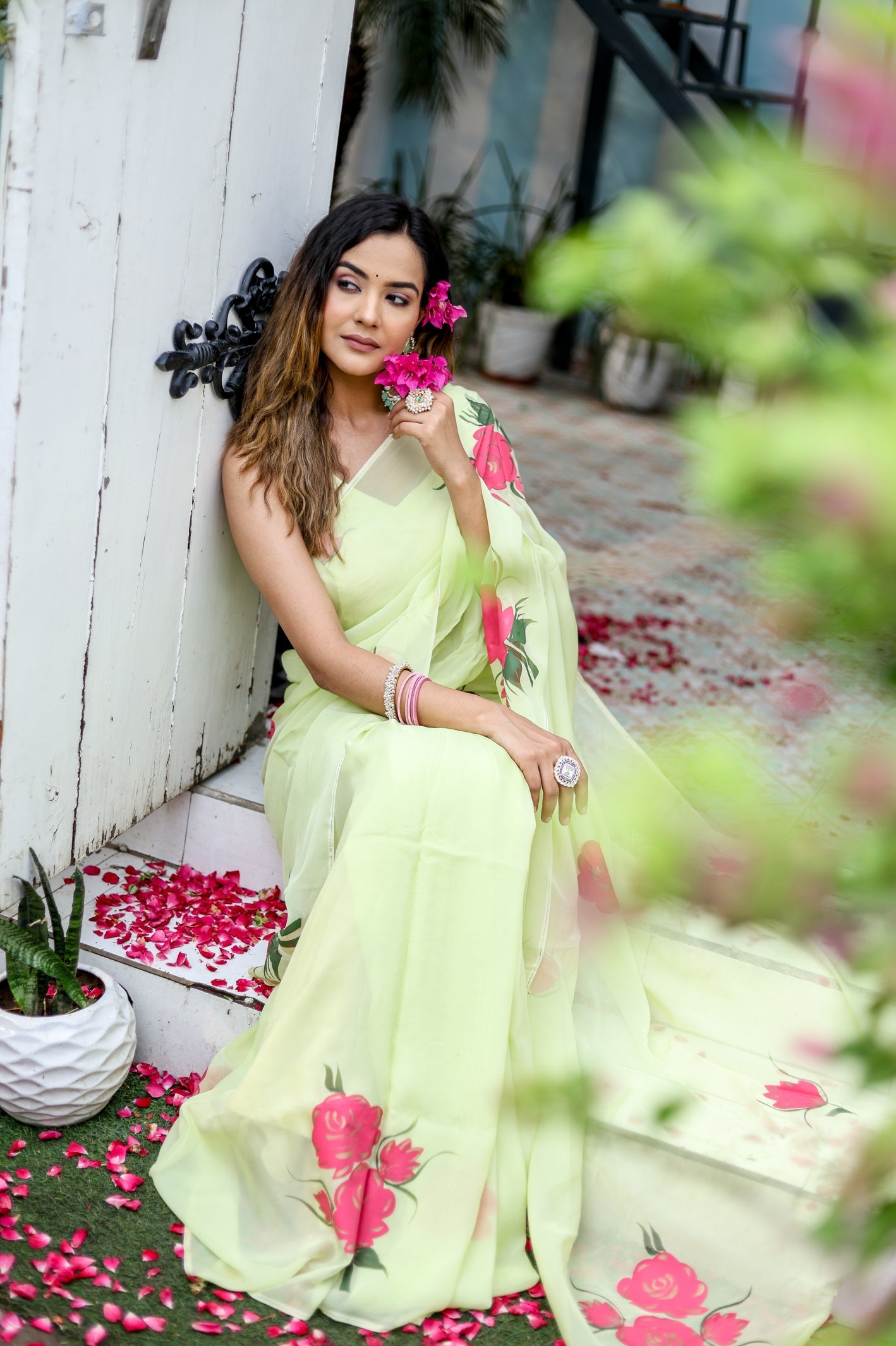 Delicate Green Silk Organza Handpainted Saree Floral