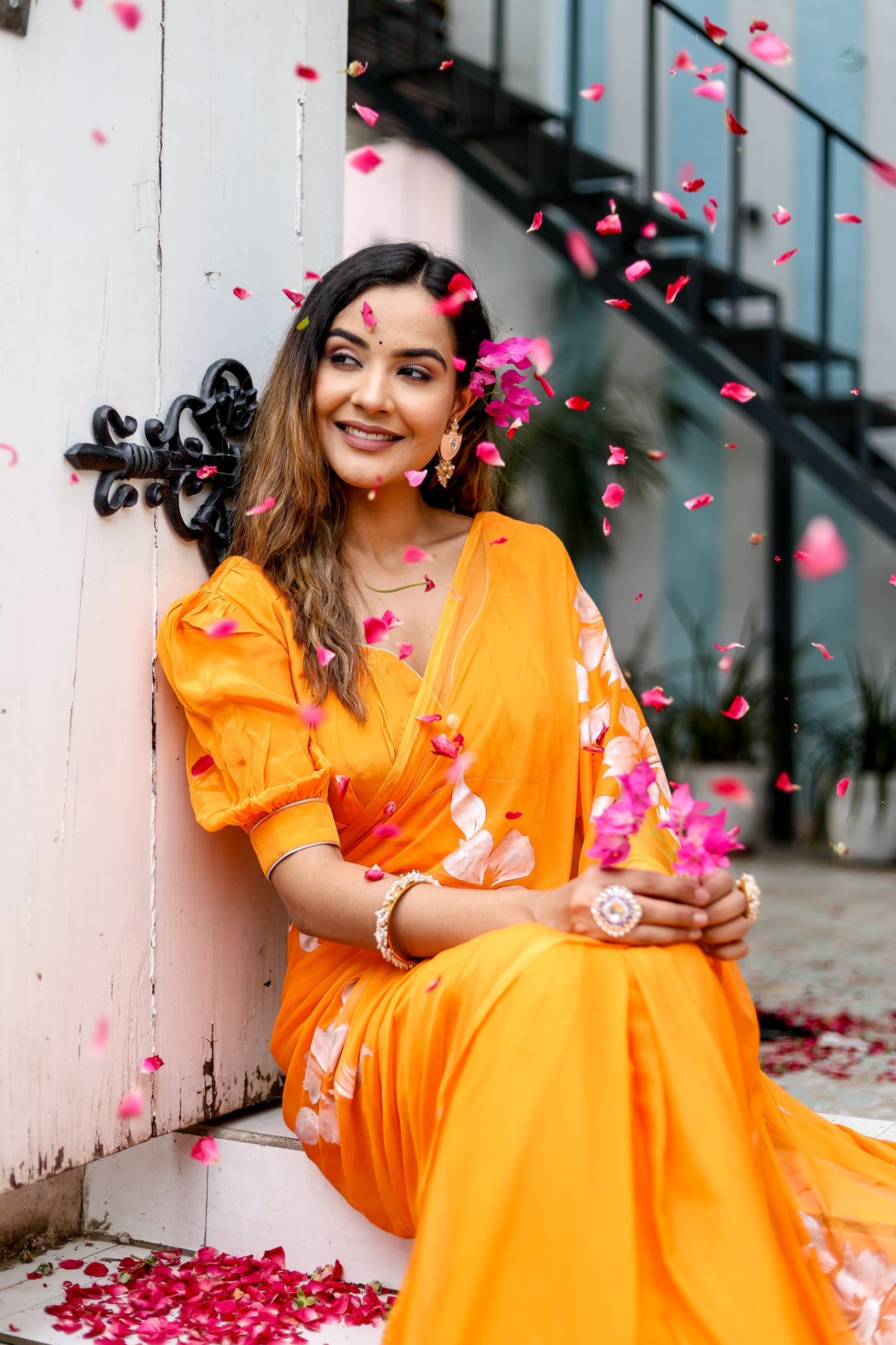 Saffron Sunset Orange Floral Handpainted Chiffon Saree - Festive Clothes