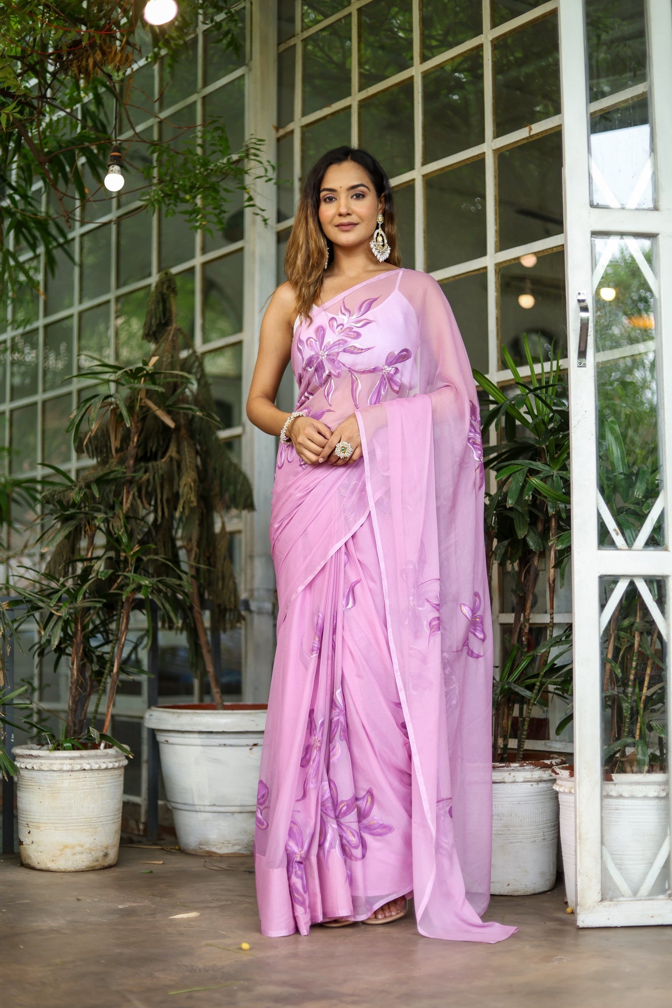 Artistic Pink Chiffon Handpainted Saree Floral