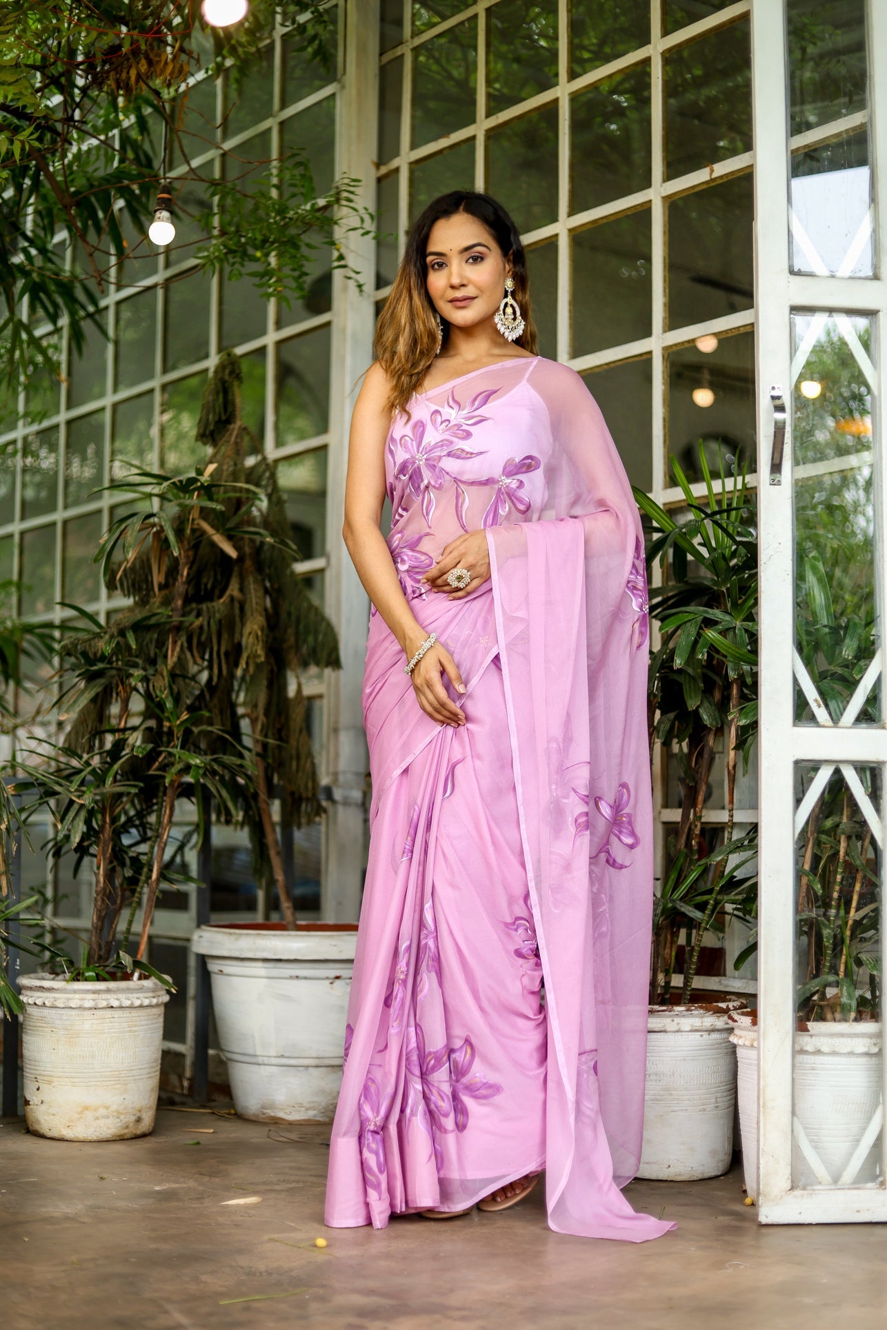 Artistic Pink Chiffon Handpainted Saree Floral