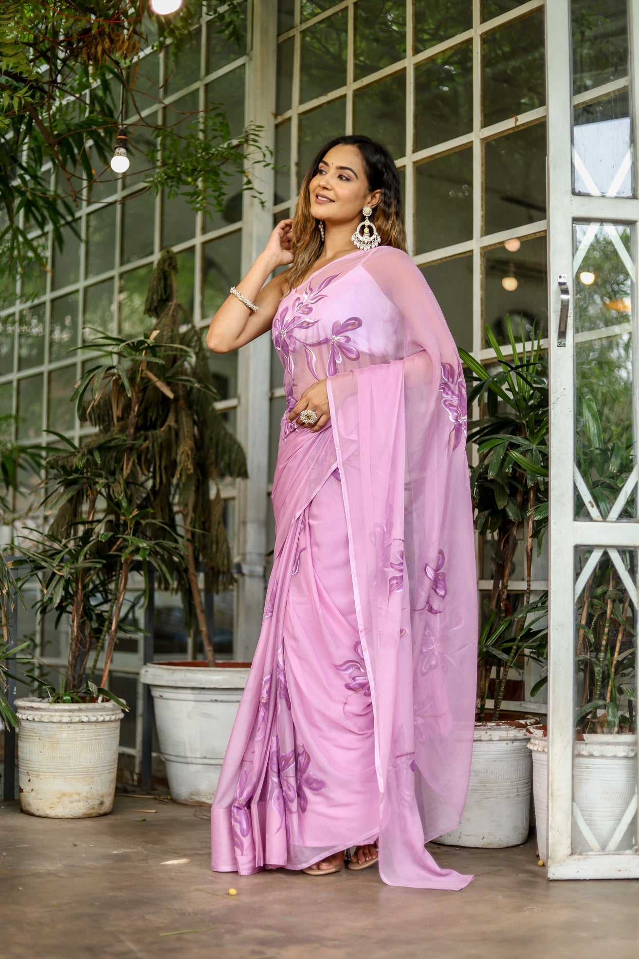 Artistic Pink Chiffon Handpainted Saree Floral