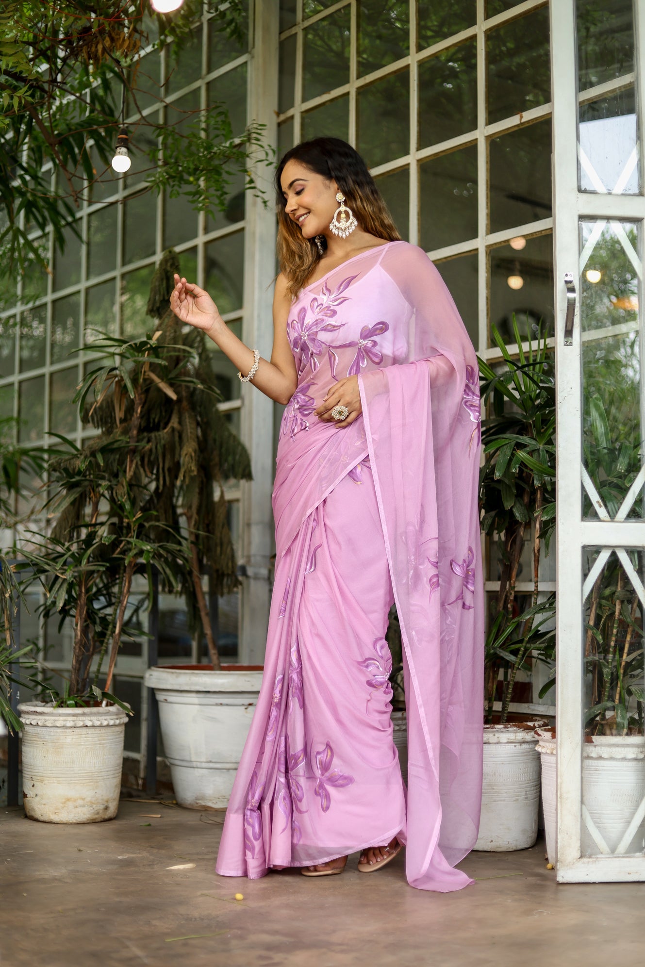 Artistic Pink Chiffon Handpainted Saree Floral