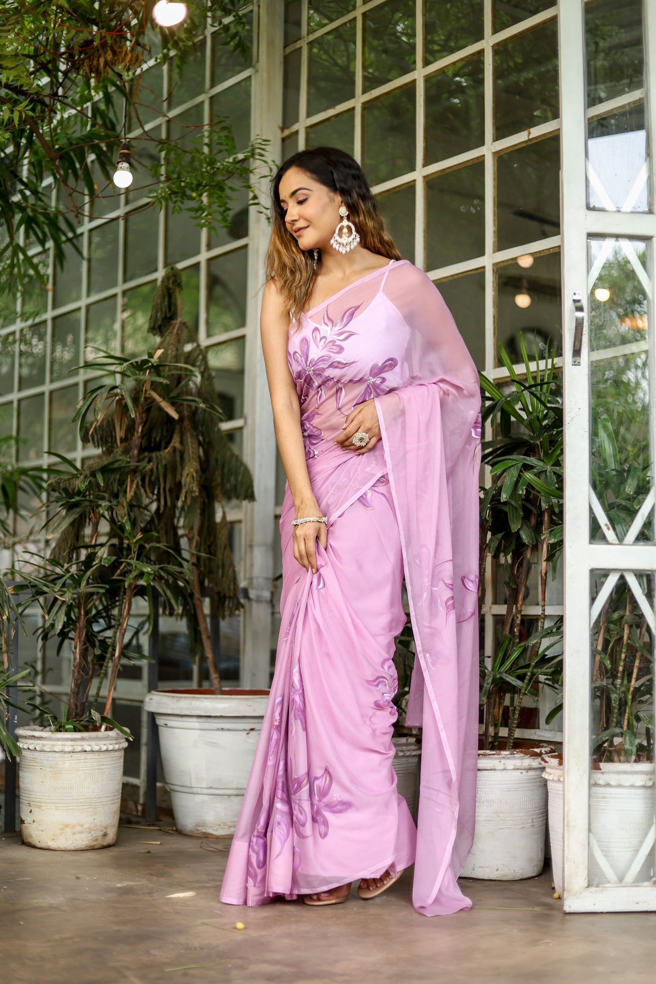 Artistic Pink Chiffon Handpainted Saree Floral