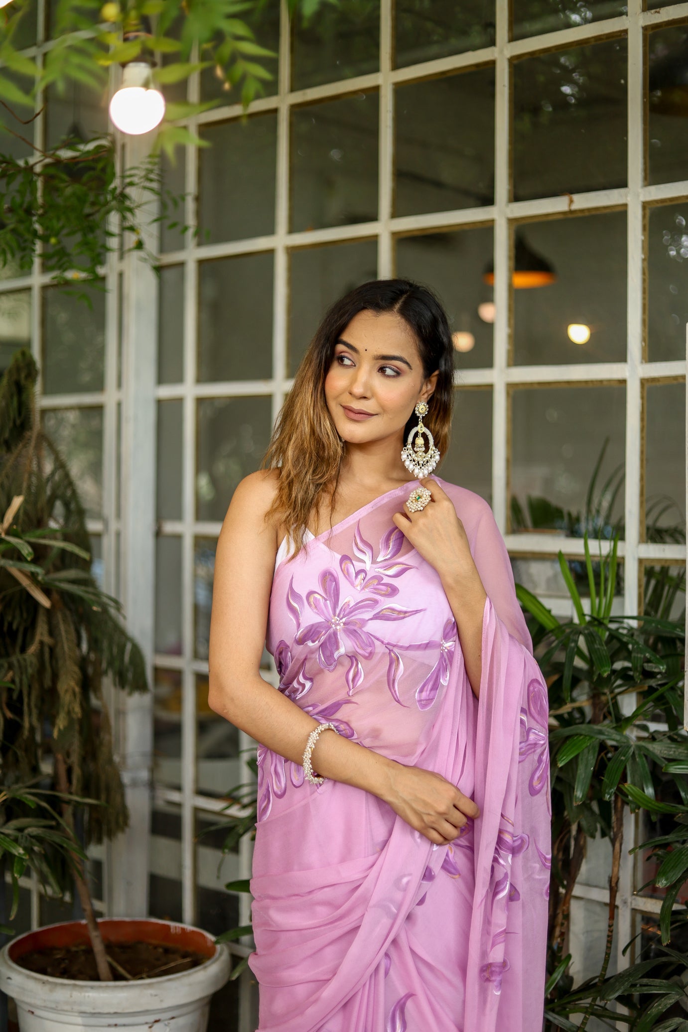 Artistic Pink Chiffon Handpainted Saree Floral