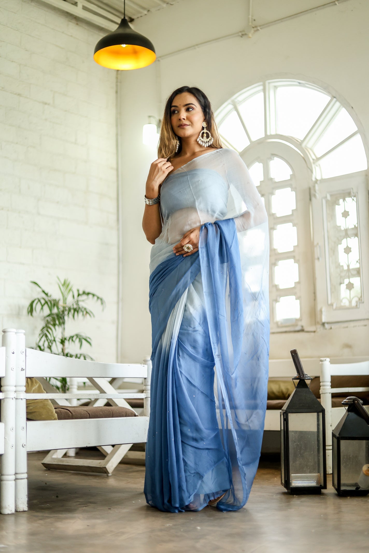 Dazzling Blue Shaded Chiffon Saree Sequins Handwork