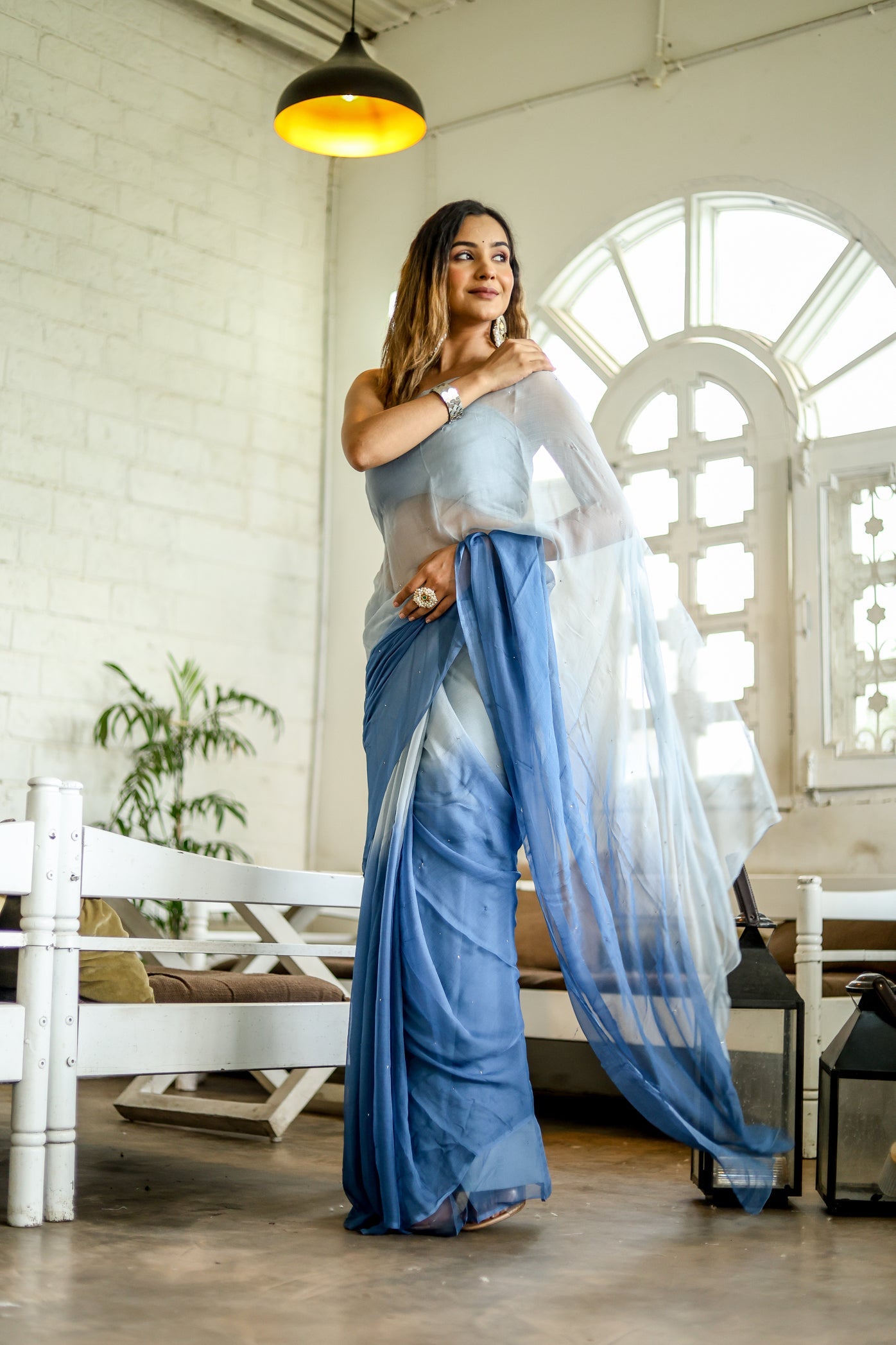 Dazzling Blue Shaded Chiffon Saree Sequins Handwork