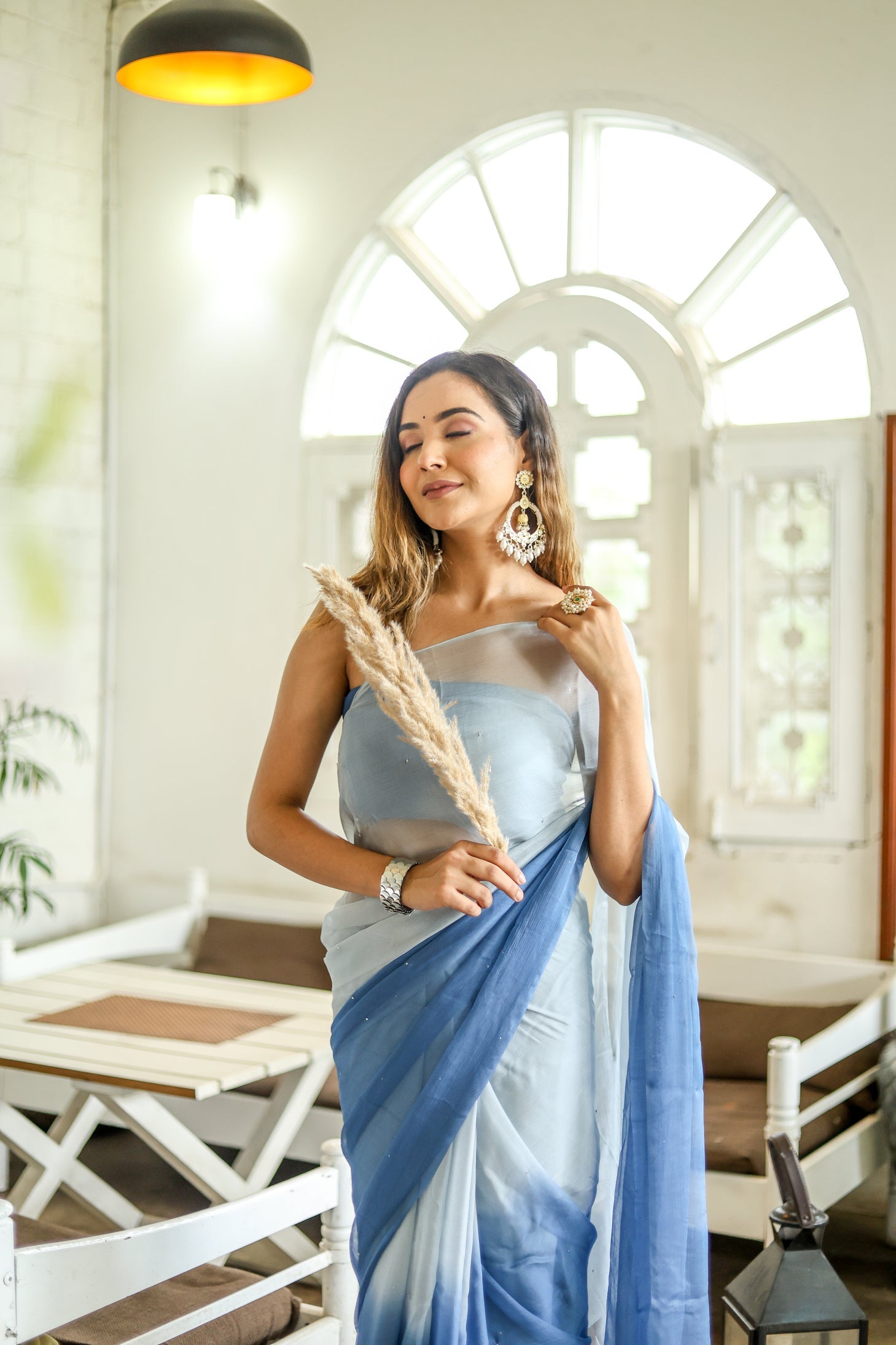 Dazzling Blue Shaded Chiffon Saree Sequins Handwork