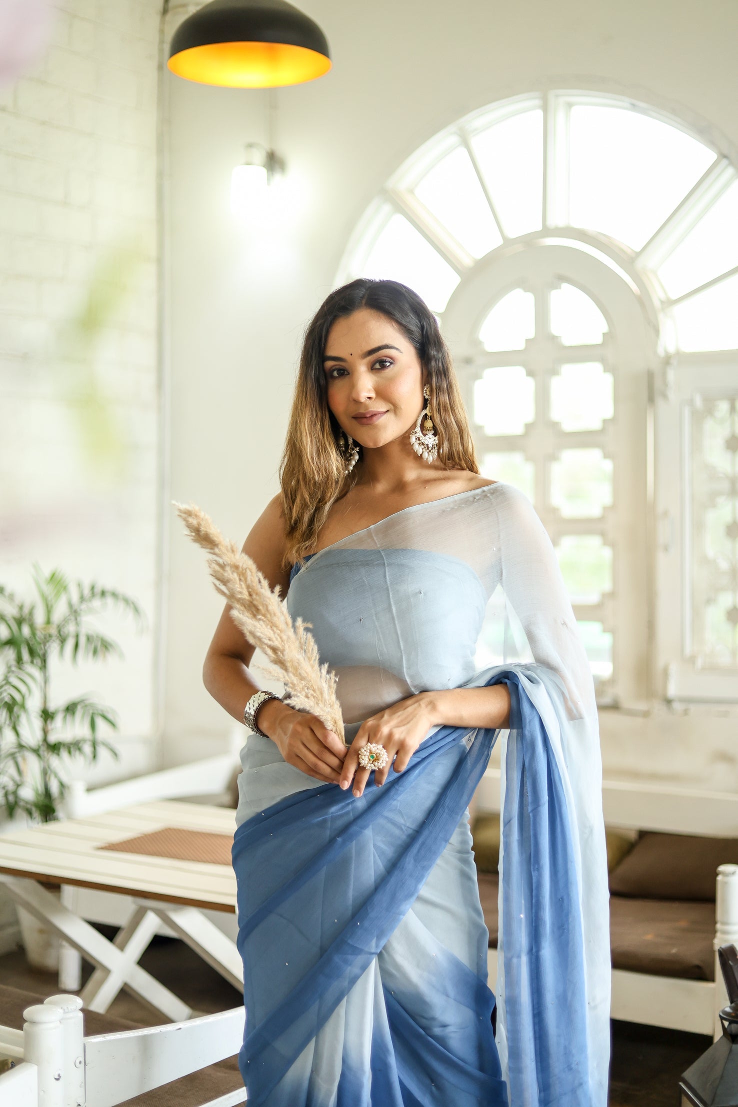 Dazzling Blue Shaded Chiffon Saree Sequins Handwork