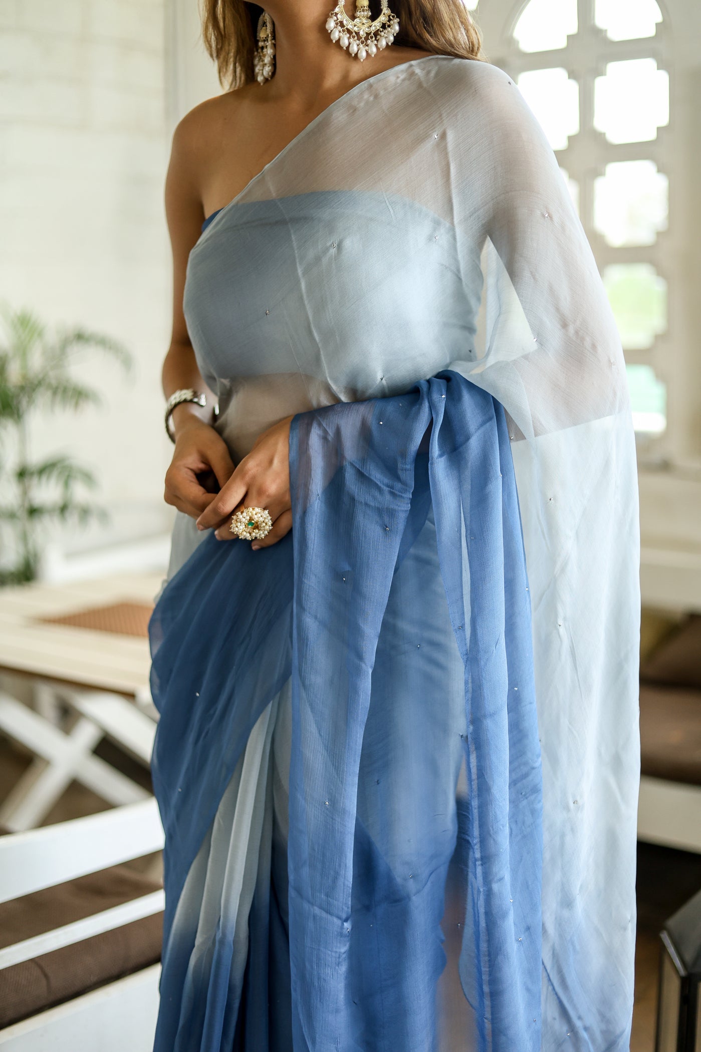 Dazzling Blue Shaded Chiffon Saree Sequins Handwork