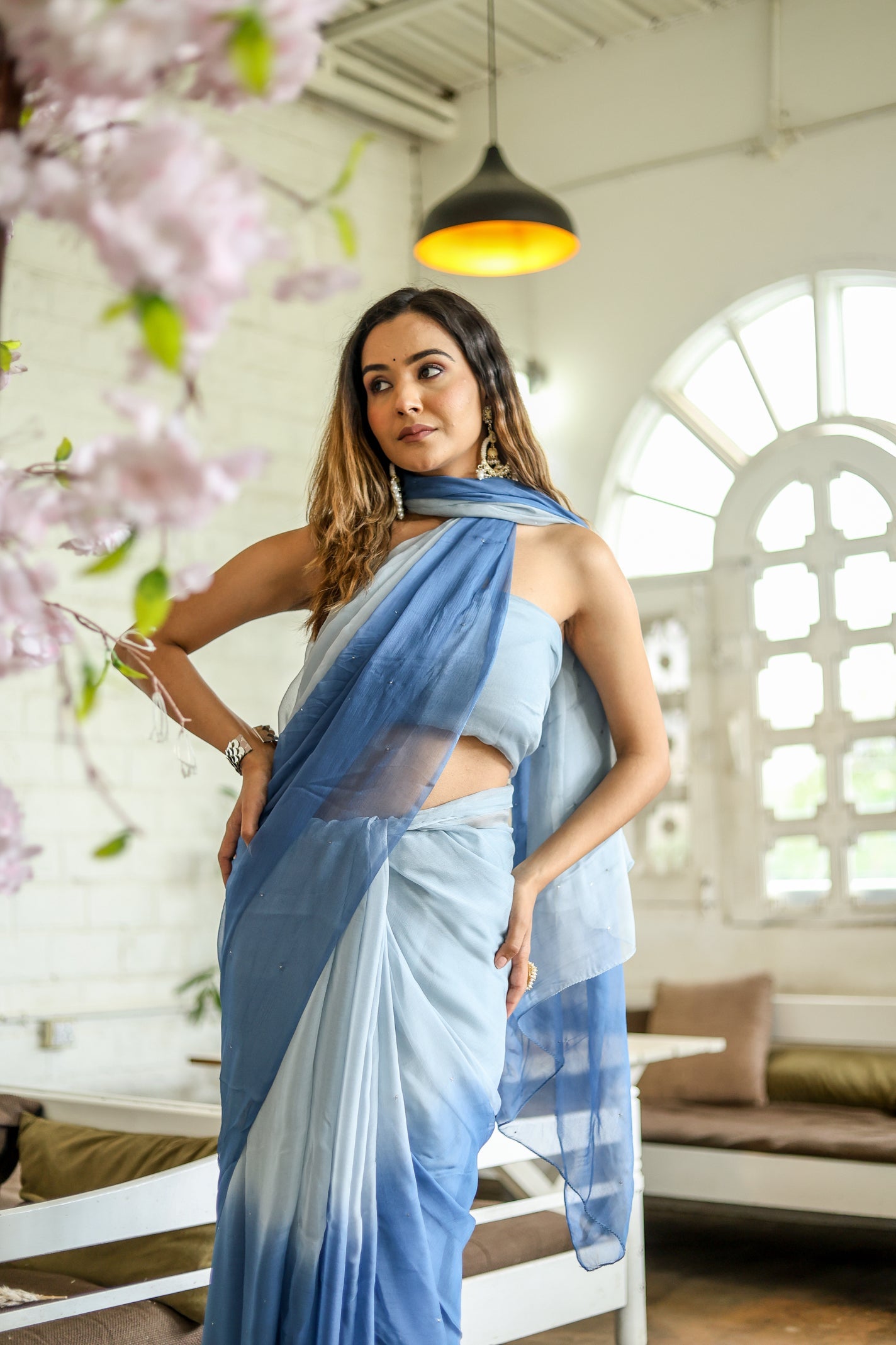 Dazzling Blue Shaded Chiffon Saree Sequins Handwork