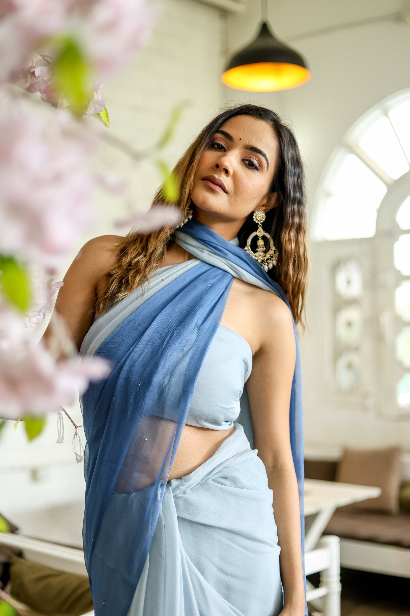 Dazzling Blue Shaded Chiffon Saree Sequins Handwork