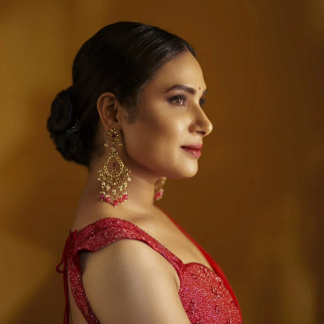 Mesmerizing Red Brown Crimson Georgette Ruffle Saree Katdana Embroidery