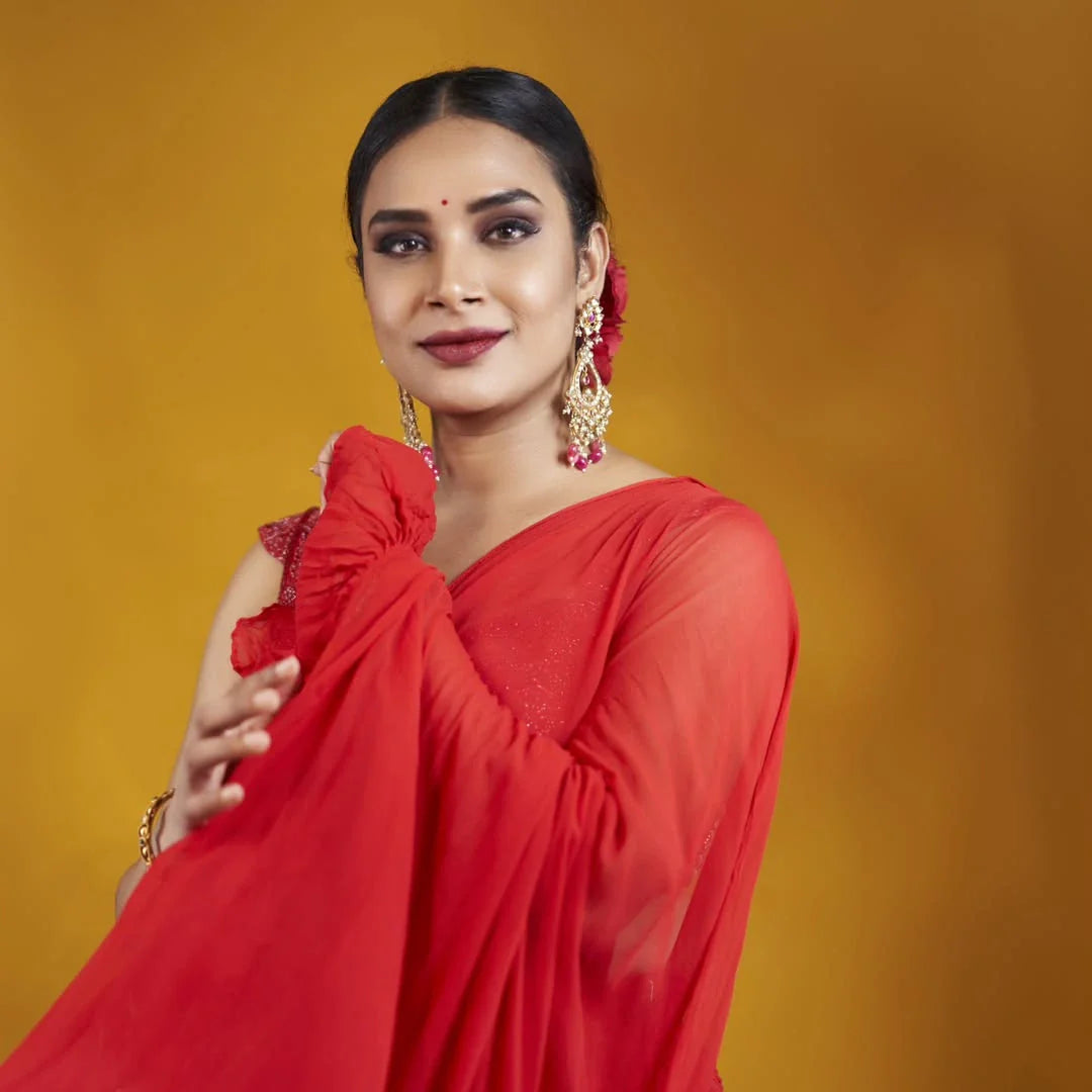 Mesmerizing Red Brown Crimson Georgette Ruffle Saree Katdana Embroidery