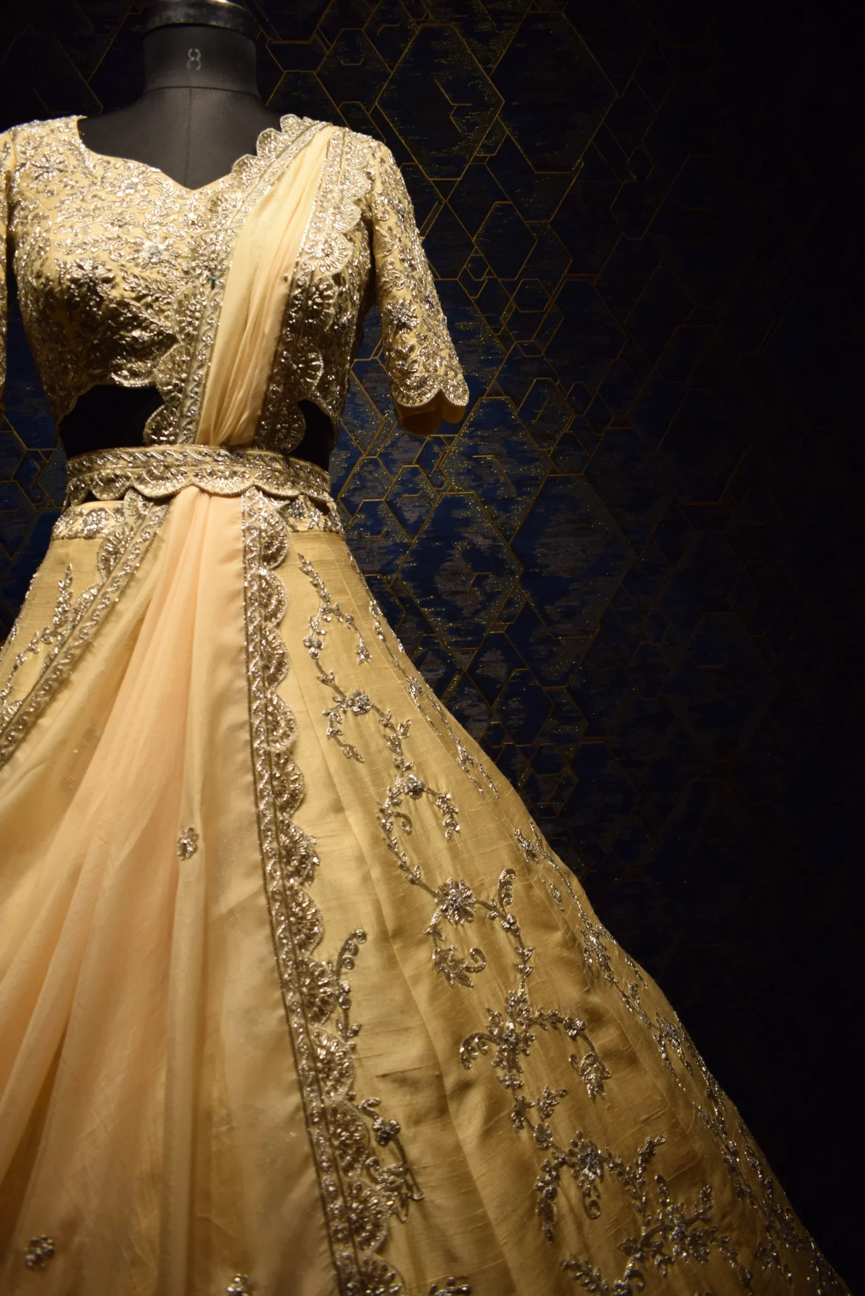 Luxurious Gold Ivory Organza Zardozi Lehenga Set