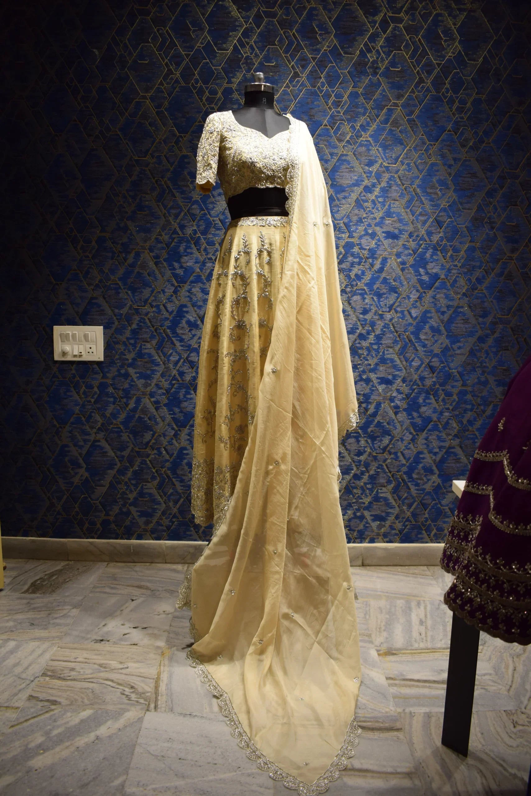 Luxurious Gold Ivory Organza Zardozi Lehenga Set
