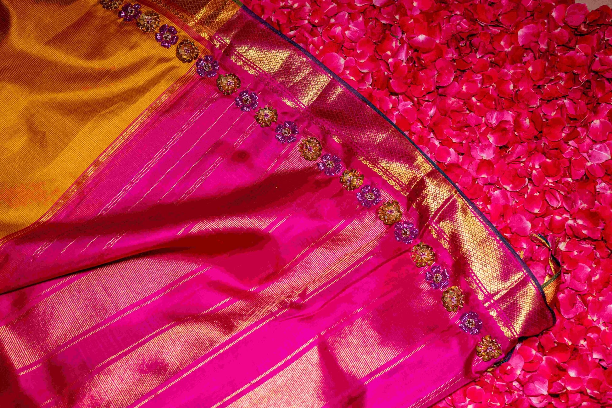 Chrome Yellow Pink Kanchi Silk Saree Checks Sequin 3D Flower