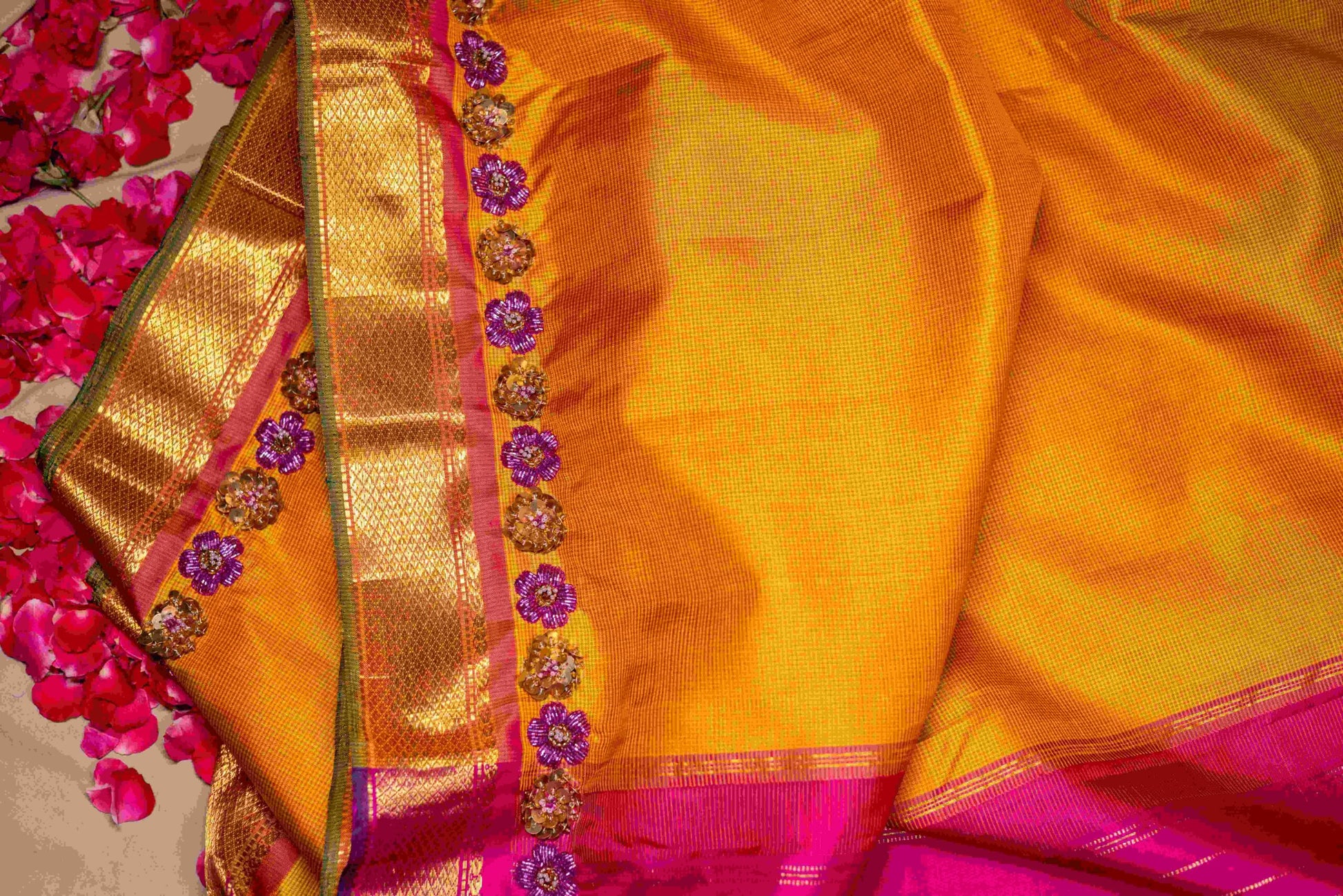 Chrome Yellow Pink Kanchi Silk Saree Checks Sequin 3D Flower