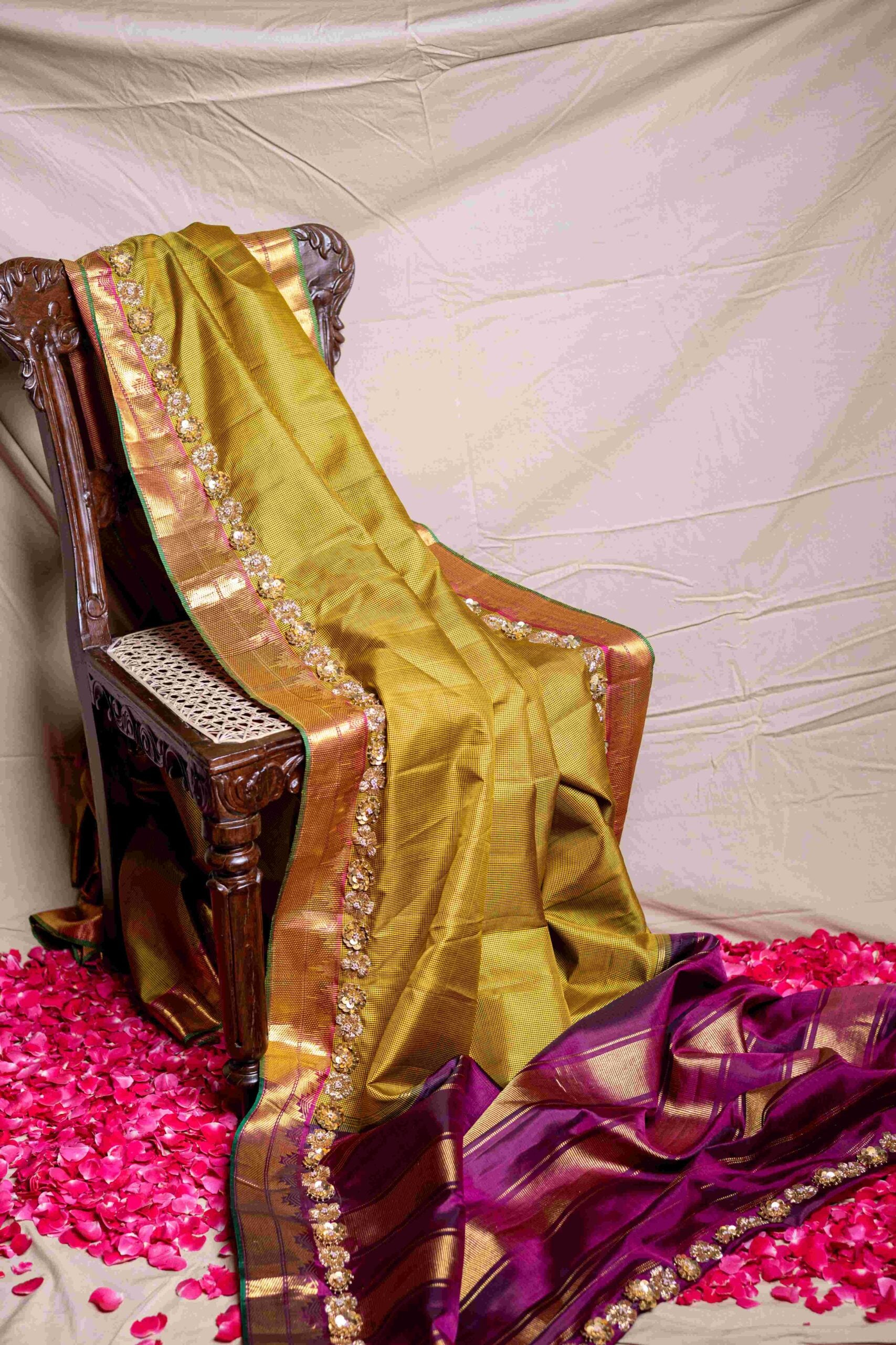 Olive Green Magenta Kanchi Silk Saree Checks Sequin 3D Flower