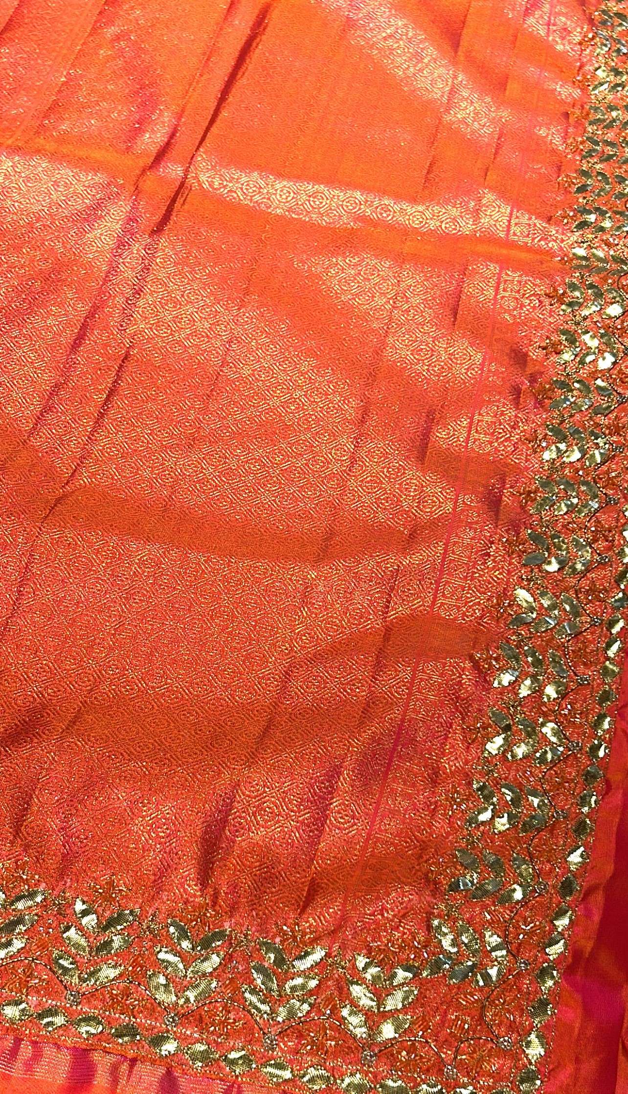 Neon Green Orange Kanchi Silk Saree Square Brocade Gotapatti