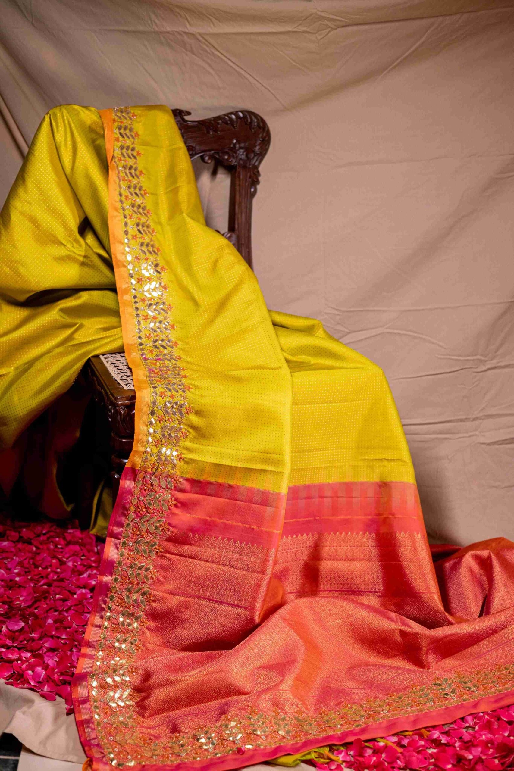Neon Green Orange Kanchi Silk Saree Square Brocade Gotapatti