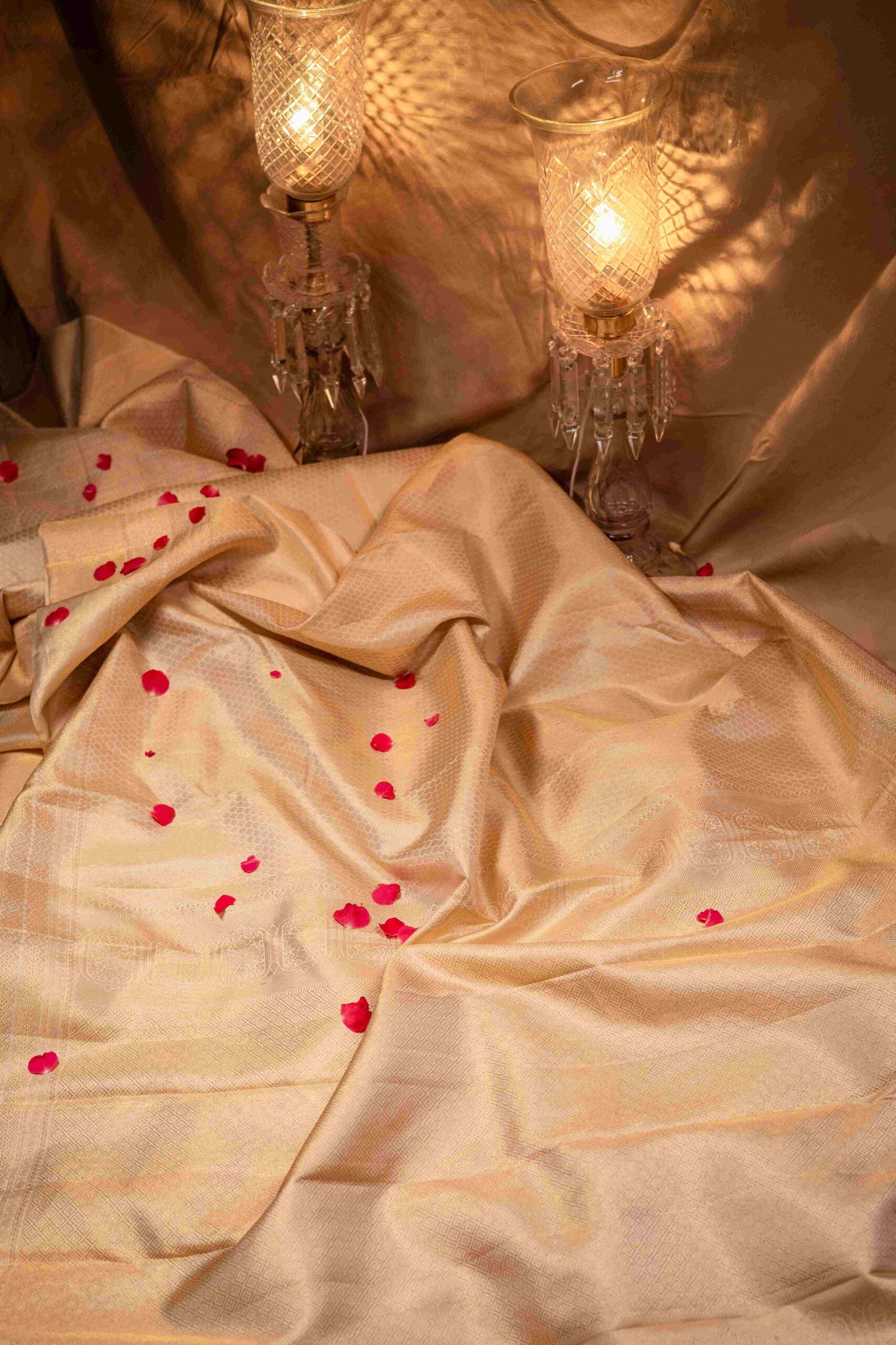 Beige Gold Kanchi Silk Saree Geometric Diamond Motif