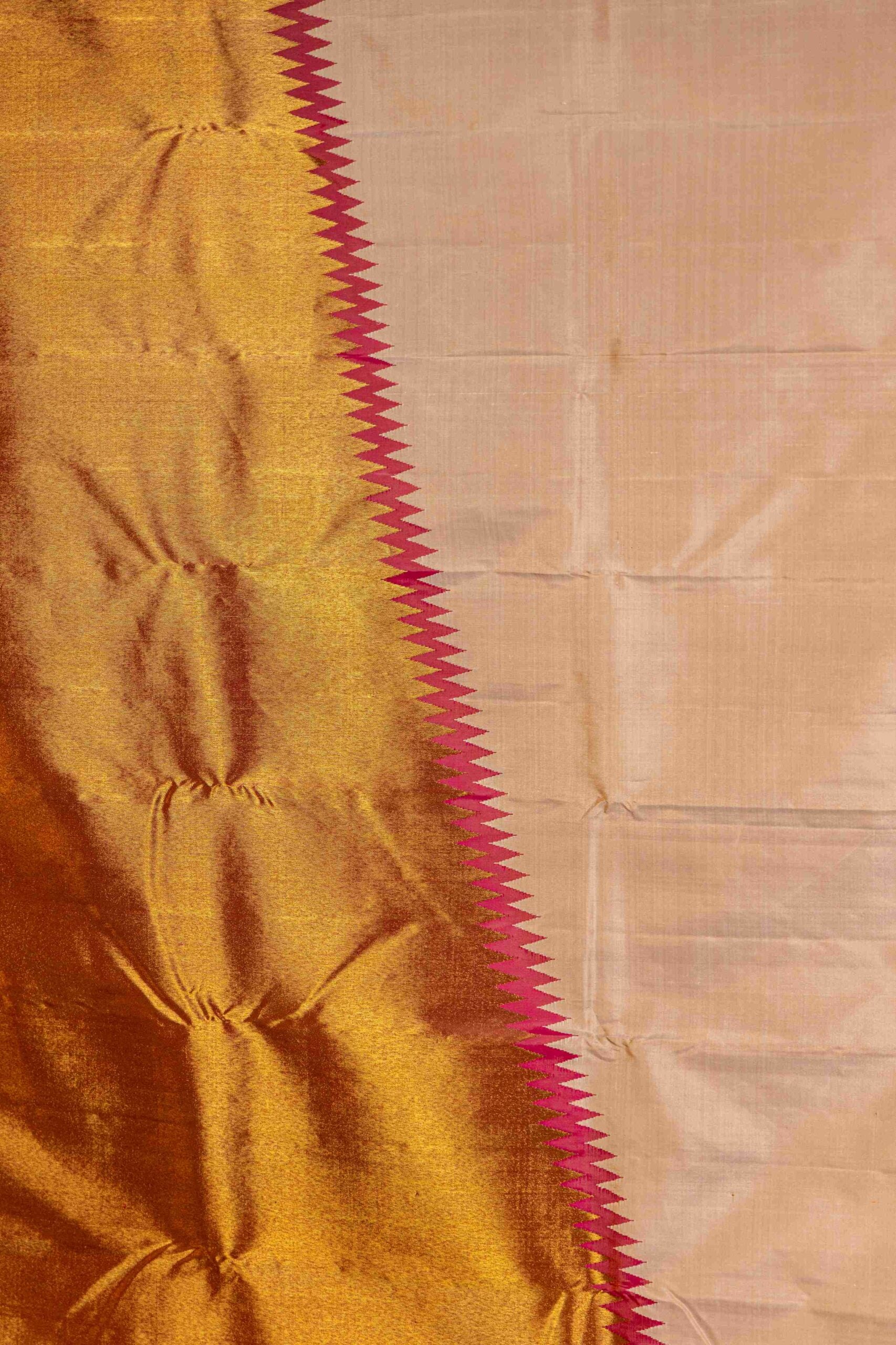 Ivory Kanchi Silk Saree Golden Zari Escalation Temple Pattern