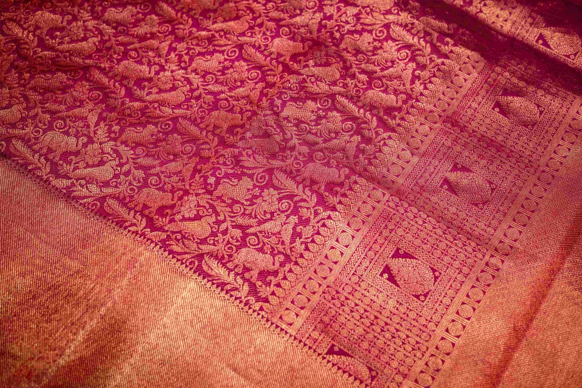 Purple Kanjeevaram Shikargah Saree Gold Zari Animal Motifs