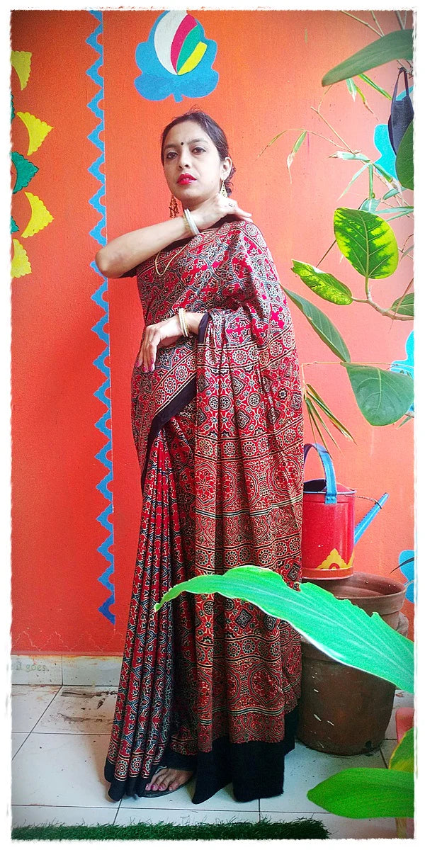 Madder Red Indigo Blue Modal Silk Ajrakh Handblock Saree Nature Inspired