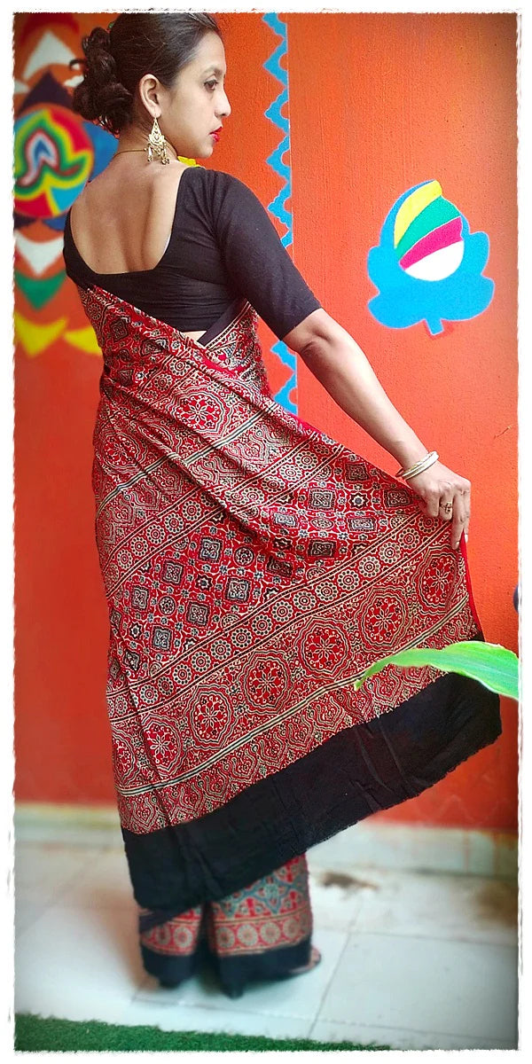 Madder Red Indigo Blue Modal Silk Ajrakh Handblock Saree Nature Inspired