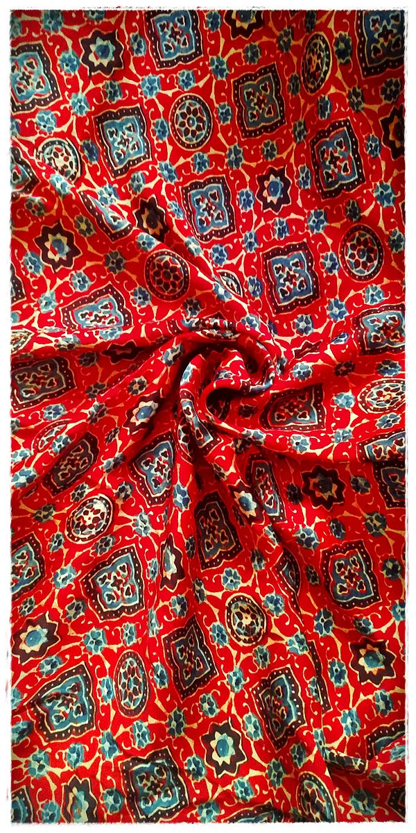 Madder Red Indigo Blue Modal Silk Ajrakh Handblock Saree Nature Inspired