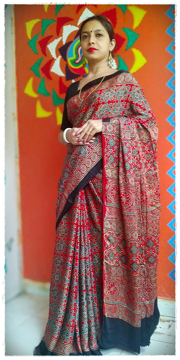 Madder Red Indigo Blue Modal Silk Ajrakh Handblock Saree Nature Inspired
