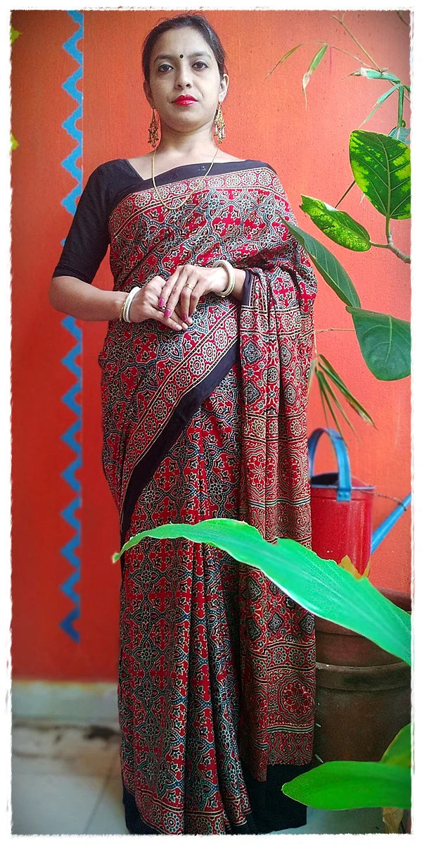 Madder Red Indigo Blue Modal Silk Ajrakh Handblock Saree Nature Inspired