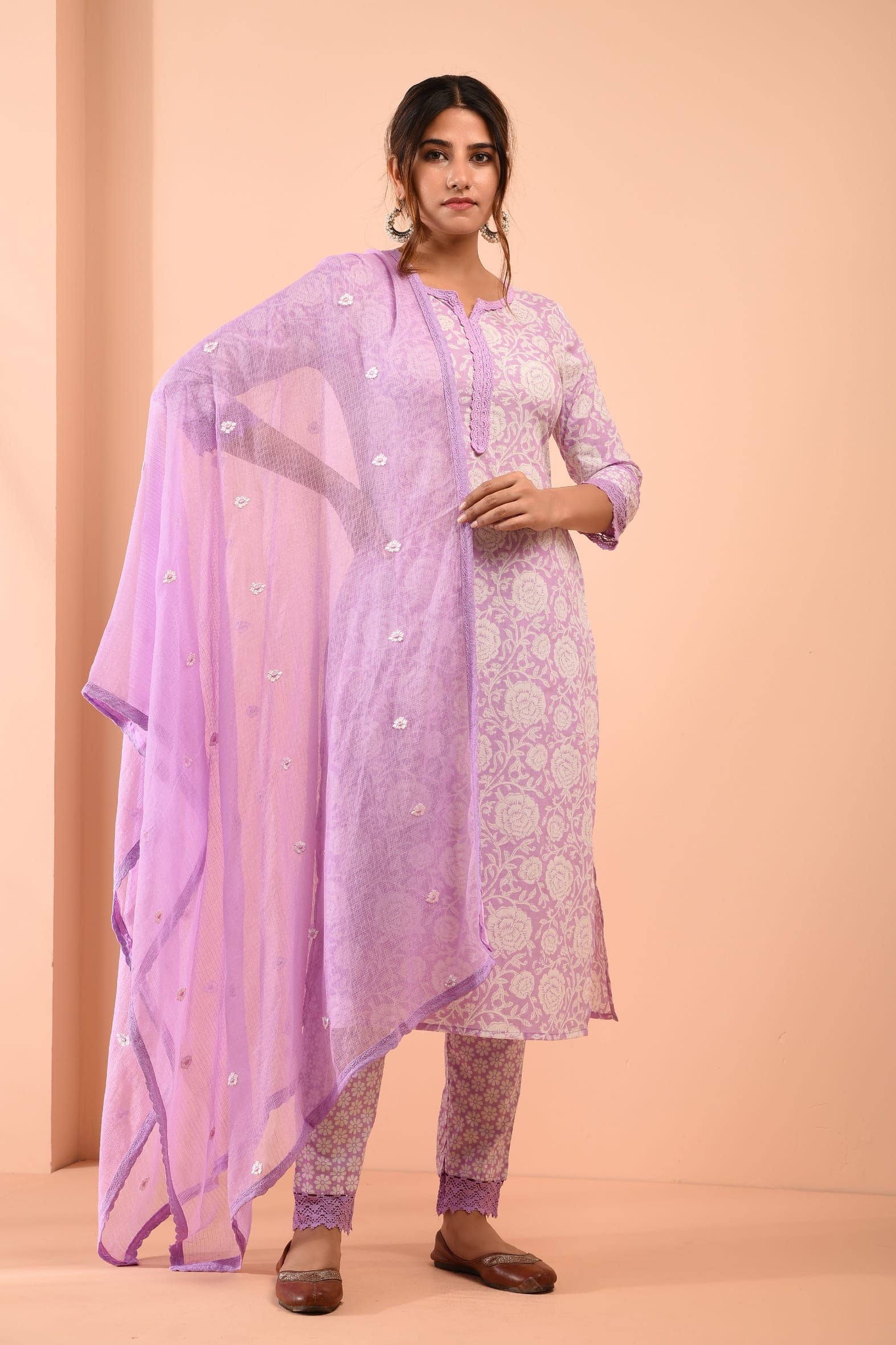 White Purple Blockprint Cotton Kurta Pant Embroidered Kota Doria