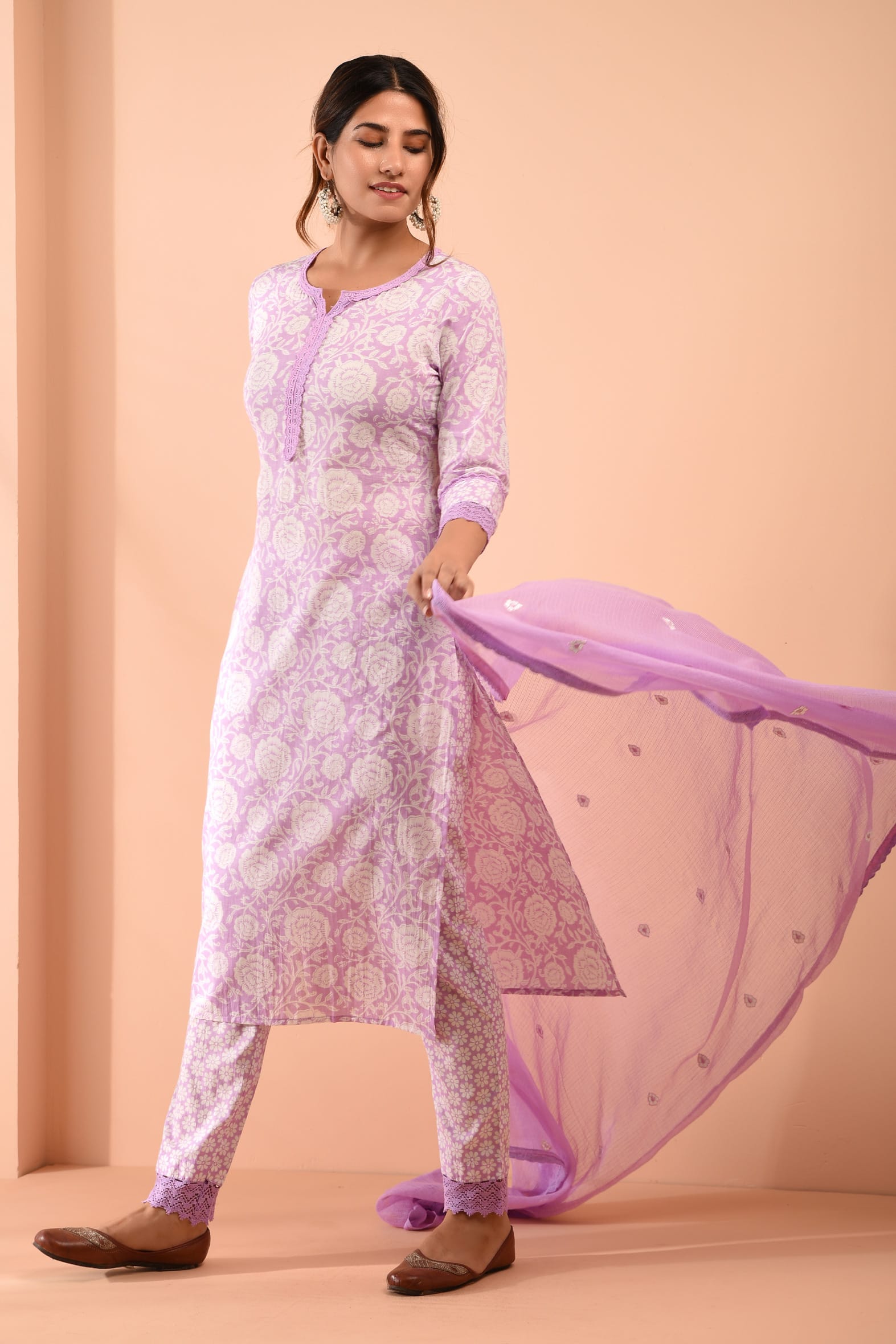 White Purple Blockprint Cotton Kurta Pant Embroidered Kota Doria