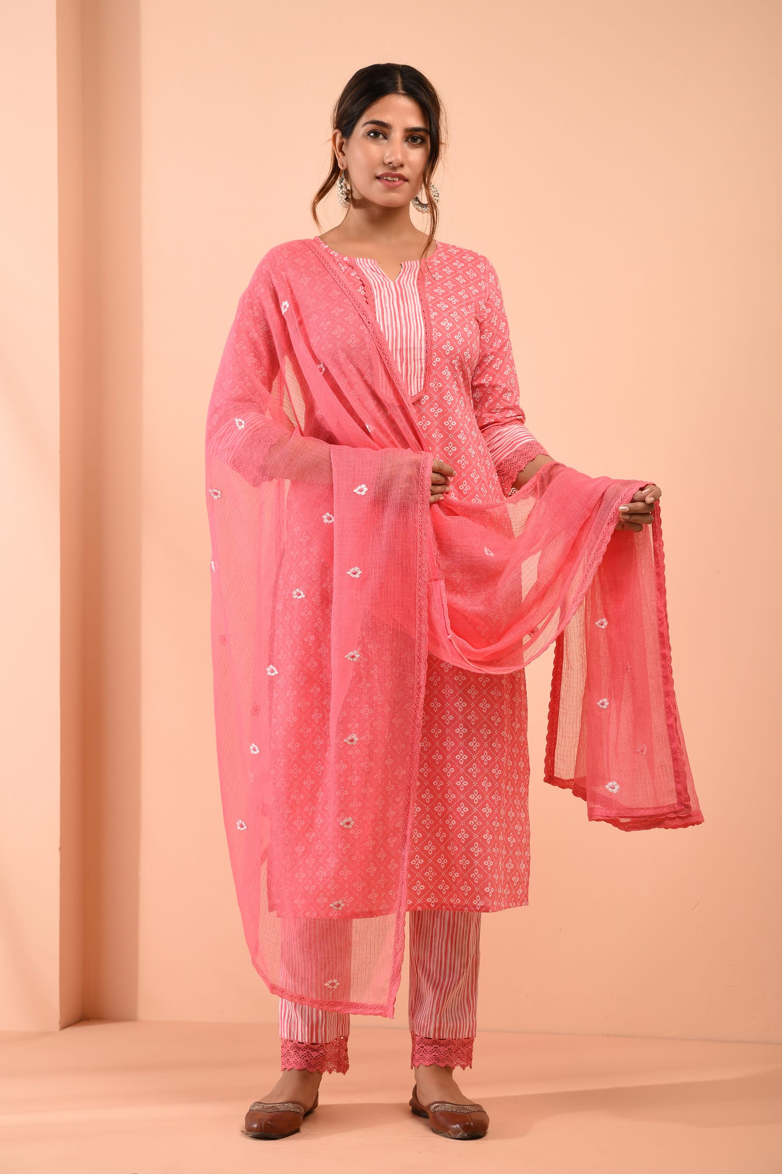 Pink Blockprint Cotton Kurta Pant & Embroidered Kota Doria