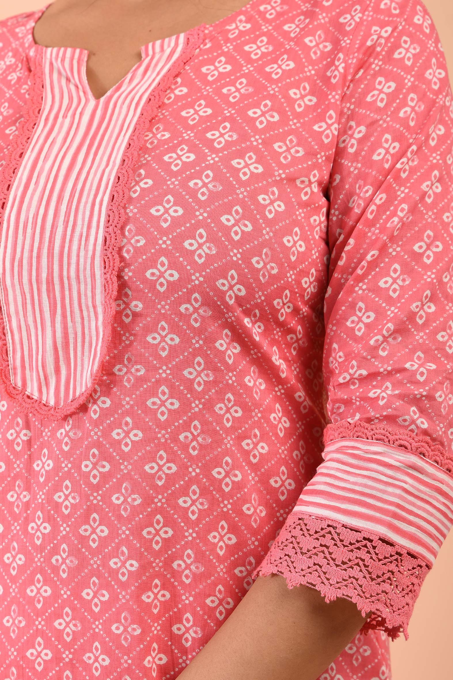 Pink Blockprint Cotton Kurta Pant & Embroidered Kota Doria