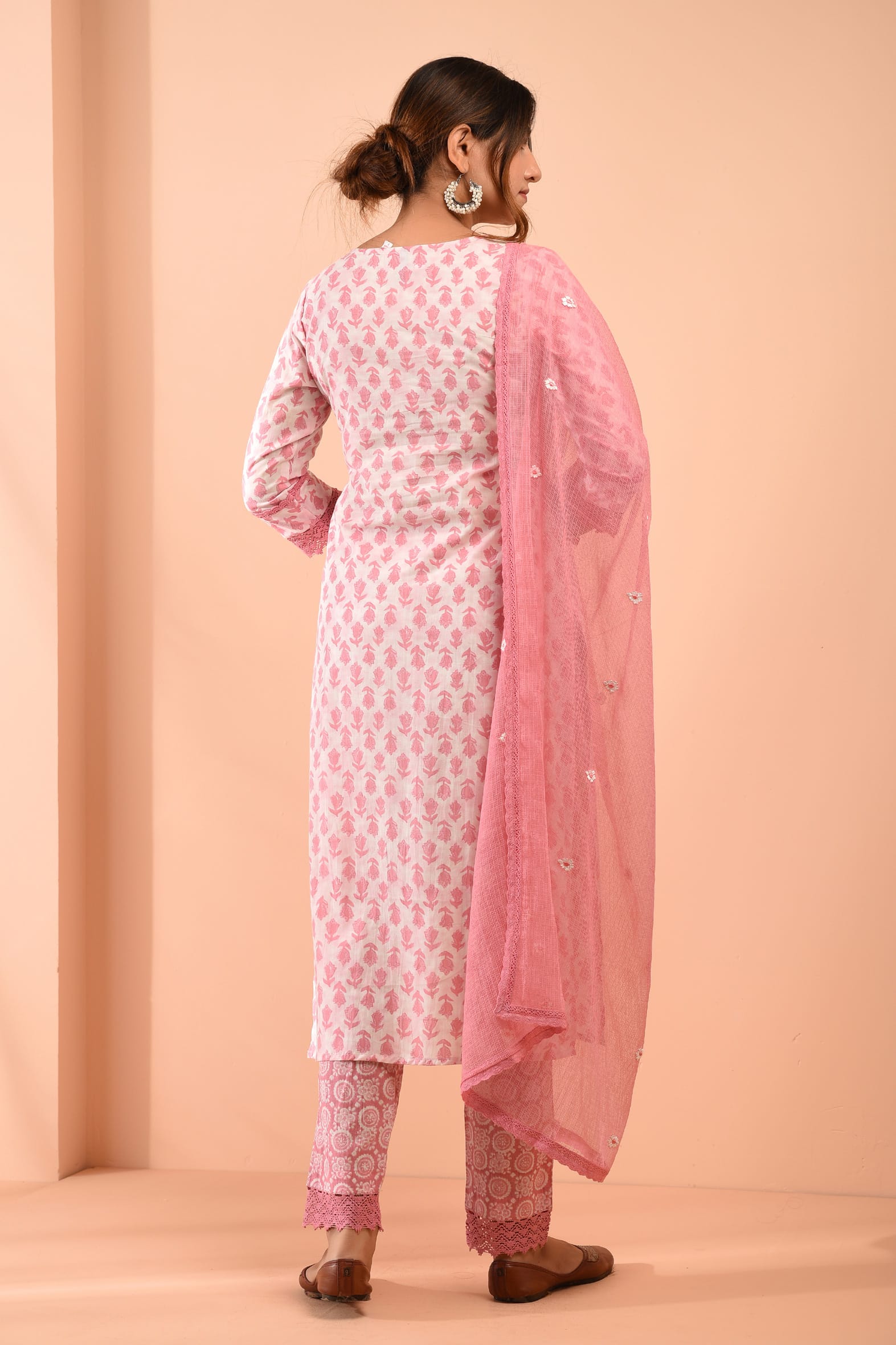 White Pink Hand Block Cotton Kurta Pant Embroidered Kota Doria
