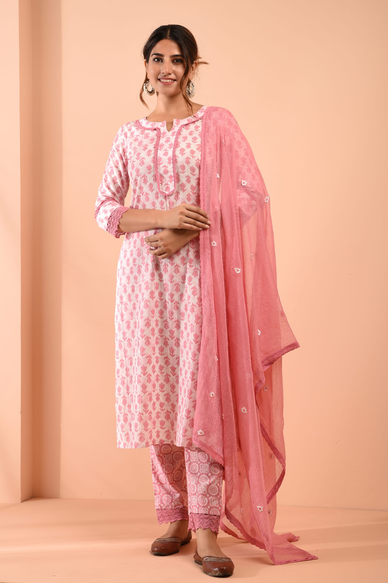 White Pink Hand Block Cotton Kurta Pant Embroidered Kota Doria